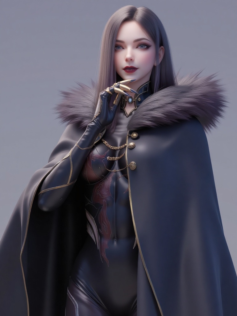 WM,grey hair,fur trim,bodysuit,sfw,bodysuit under clothes,bodysuit under clothes,female solo,cape,grey eyes,lips,long hair,lips lick,dark hair,long sleeves,looking at viewer,lipstick,fur-trimmed cape,parted lips,lipstick on lips,makeup,closed mouth,black bodysuit,artist name,original,lips licking,dark lipstick,black cape,long fingernails,black bodysuit,