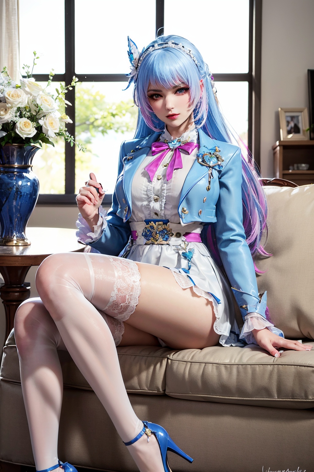 A sultry solo shot of a girl with long,  luscious locks and piercing blue eyes. She sits effortlessly,  her blue-haired co...