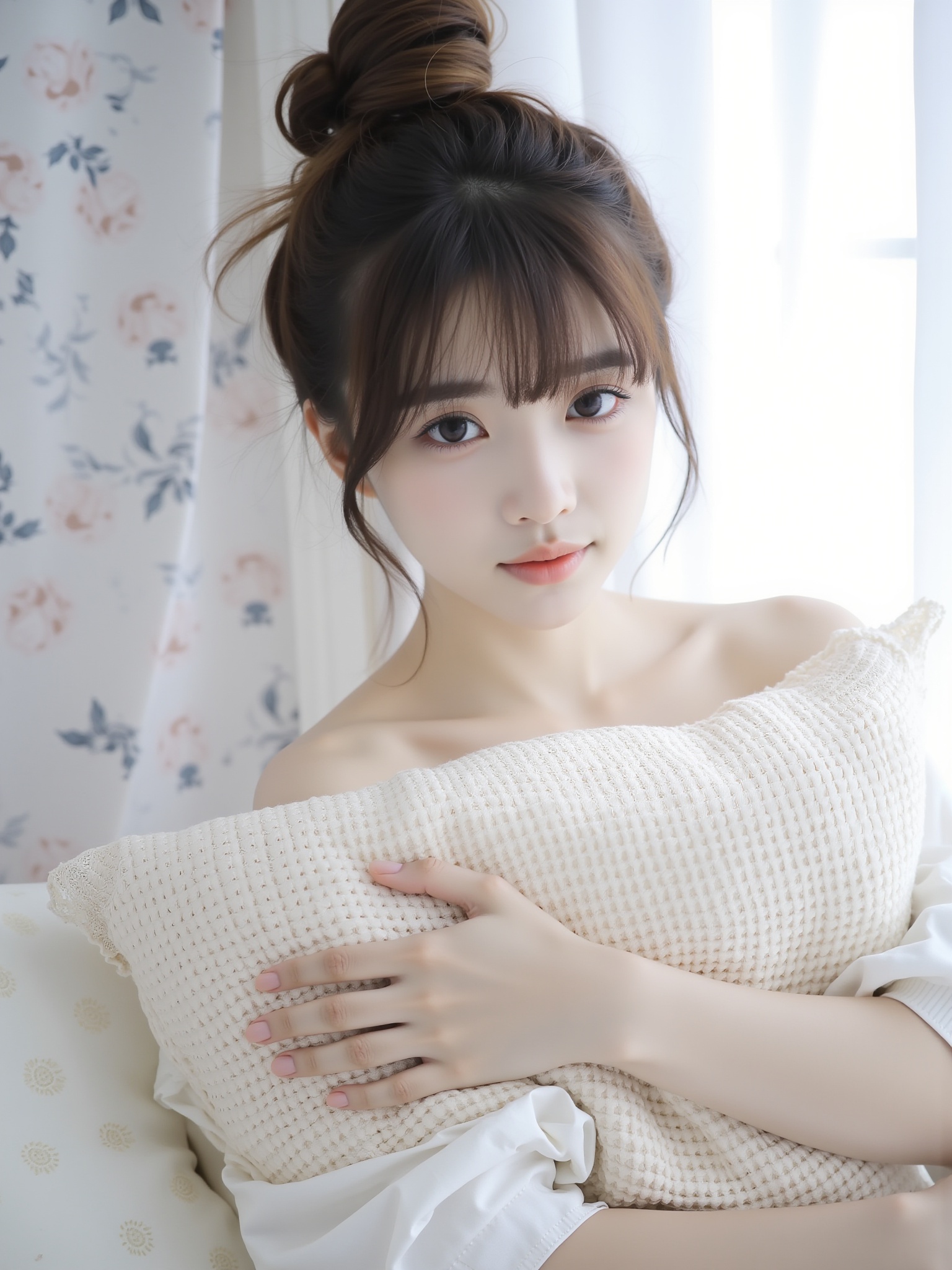 The image is a high-resolution photograph featuring a young Asian woman with delicate features and a fair complexion. She is positioned in a soft, natural light, possibly near a window, with a gentle, serene expression. Her dark brown hair is styled in a messy bun with loose strands framing her face, and she has bangs that softly cover her forehead. She is wearing a white, off-the-shoulder top, and her delicate, thin arms are wrapped around a large, white, crocheted pillow. The texture of the pillow is intricate and detailed, with a lace-like pattern. The background is a light, airy fabric with a floral design, adding to the delicate, ethereal feel of the image. The overall composition and soft, pastel tones create a tranquil and dreamy atmosphere.<lora:YY-浅浅F.1:1>,