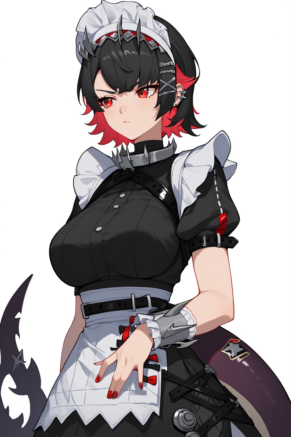 score_9,score_8_up,score_7_up,score_6_up,score_5_up,score_4_up,source_anime,source_cartoon,<lora:ellen joePXL-000001:1>,ellen joe \(Zenless Zone Zero\),1girl,shark tail,two-tone hair,solo,breasts,maid,red eyes,fins,piercing,maid headdress,short sleeves,ear piercing,white background,red nails,black dress,large breasts,simple background,apron,colored inner hair,short hair,pout,maid,looking to the side,bracelet,neck ring,