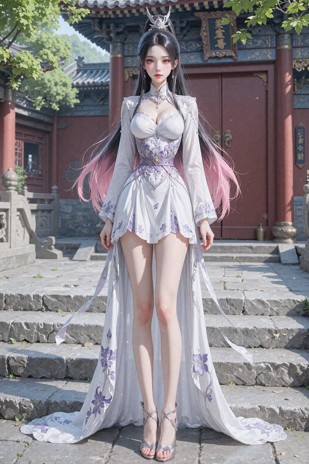 This is a highly detailed CGI image of an East Asian woman standing in a traditional Chinese temple courtyard. She has lon...
