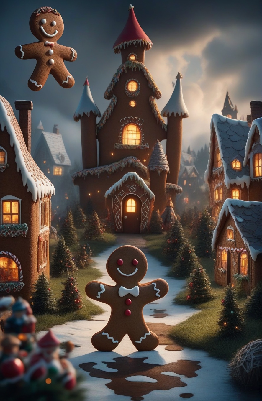 Dark fairy tales,A whimsical holiday scene featuring a giant gingerbread man standing in front of an enchanted village,with clouds looming overhead.,swod,