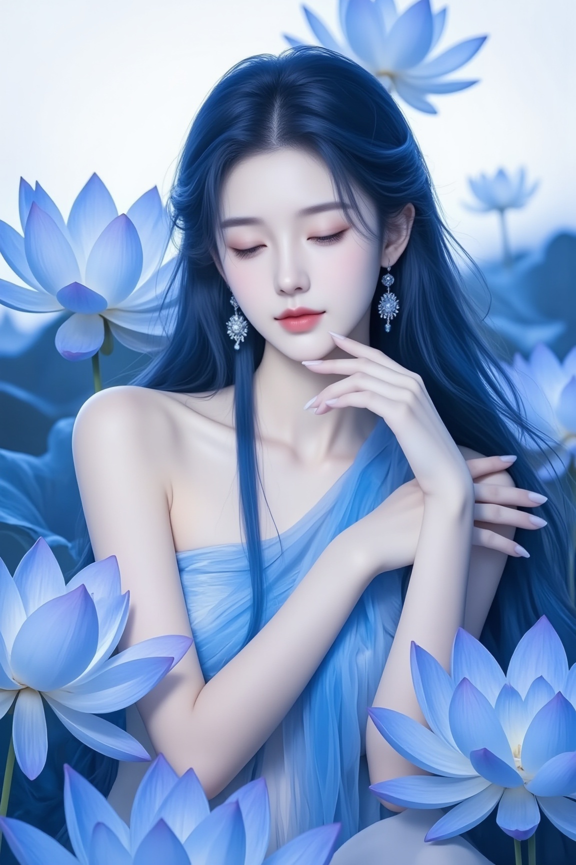 <lora:YY-拽姐F.1:1>,This is a highly detailed, digital illustration featuring a serene young woman with a delicate, ethereal quality. She is depicted with long, flowing blue hair that cascades down to her waist, blending seamlessly with the large, blue lotus flowers surrounding her. Her eyes are closed, and her facial expression is one of serenity and peace. She is nude, with her breasts partially covered by the lotus petals, adding a subtle sense of modesty.The woman's skin tone is pale, and her delicate features, such as her small nose and delicate jawline, are accentuated by the minimalistic shading. Her hands are positioned gently near her face, with one hand touching her chin and the other resting near her neck. The background is a soft, off-white color, which contrasts beautifully with the cool blue hues of the lotus flowers and the woman's hair. The lotus petals are intricately detailed, with their veins and textures rendered with precision, giving a sense of depth and realism. The overall style of the artwork is a blend of realism and fantasy, with a touch of traditional Asian aesthetics, particularly in the lotus flower design.