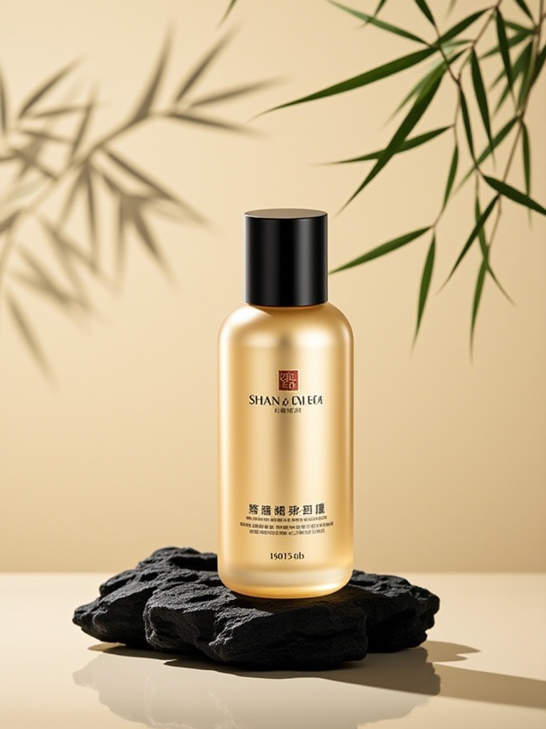mztsas,Photo of a gold-colored, cylindrical bottle with a black cap, placed on a black rock, with a green plant in the background. The bottle has the name "SHAN A SHAN" written in white on the front. The background is a simple beige wall with a shadow of a bamboo plant. The lighting is soft and natural, creating a serene atmosphere. The image is high quality and has a watermark in the bottom right corner.<lora:S-T-美妆场景-S1.3:1>