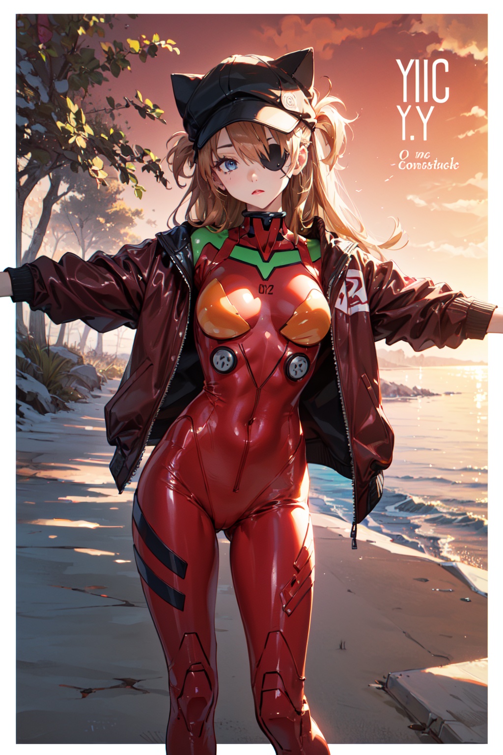 <lora:Asuka-000018:0.8>,Asuka CYQL,1girl,looking at viewer,solo,long hair,blue eyes,interface headset,brown hair,orange hair,hair between eyes,two side up,medium breasts,(plugsuit,eyepatch,hat,jacket,animal hat,bodysuit,red jacket,track jacket,cat hat,black headwear,bodysuit under clothes,red bodysuit,hat ornament,long sleeves,zipper,turtleneck),(crazy_smile:1.2),beautiful face,beautiful eyes,glossy skin,shiny skin,(full_shot,foreshortening,lying:1.2),outstretched arms,Palm trees, White sand, Turquoise water, Hammocks, Tiki torches, Sunset hues,Moonflowers,beautiful detailed sky,beautiful detailed glow,(English text:1.3),(border:1.5),posing in front of a colorful and dynamic background,(masterpiece, best quality, beautiful and aesthetic:1.3),contrapposto,female focus,fine fabric emphasis,wallpaper,fashion,Lipstick,depth of field,intricate_detail,finely_detailed,fine_fabric_emphasis,(glossy),<lora:增强减少细节add_detail:0.3>,