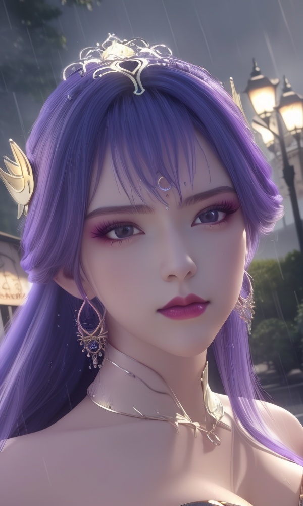 <lora:388-DA-百炼成神-天穹-云洛-黑化:0.8> ,(,1girl, ,best quality, ),looking at viewer, ,ultra detailed 8k cg, ultra detailed background,  ultra realistic 8k cg, flawless,  tamari \(flawless\), professional artwork, famous artwork, cinematic lighting, cinematic bloom, (( , )),, dreamlike, unreal, science fiction,  luxury, jewelry, diamond, pearl, gem, sapphire, ruby, emerald, intricate detail, delicate pattern, charming, alluring, seductive, erotic, enchanting, hair ornament, necklace, earrings, bracelet, armlet,halo,masterpiece, (( , )),,  ,cherry blossoms,(((, night,night sky,lamppost,  ultra high res, (photorealistic:1.4), raw photo, 1girl, , rain, sweat, ,wet, )))(( , ))   (()), (), 1girl, purple_hair, solo, breasts, earrings, jewelry, hair_ornament, long_hair, , cleavage,  large breasts, lips, looking_at_viewer, makeup