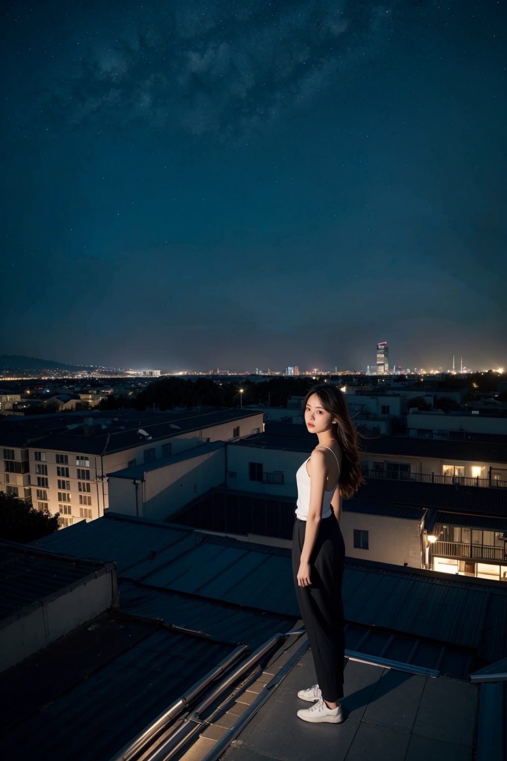 1 girl, standing on the roof, the background is the city night, very shocking, realistic texture, the whole body,