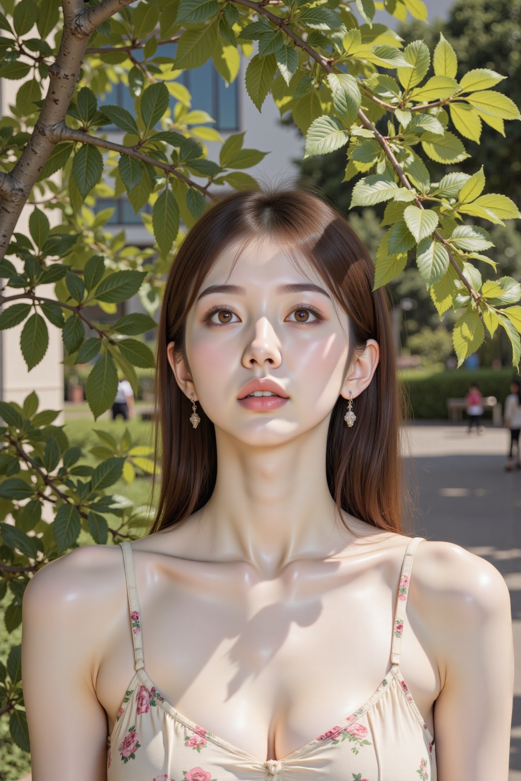 girl,girl,solo,Fujifilm,pale greenish color,Hong Kong vintage film style,Realistic Skin,Retro movie style film photography,. This is a photograph of a young Asian woman with fair skin and straight,dark brown hair,which falls just below her shoulders. She has prominent bangs that frame her forehead. Her eyes are large and light in color,and her lips are full and slightly parted. She is looking upward with a serene expression,as if she is admiring the lush greenery around her.,She is standing outdoors,with sunlight filtering through the dense,leafy branches of a tree that partially obscures her face. The leaves are vivid green,and the texture of the branches and leaves appears soft and delicate. The background is a mix of green and light blue,suggesting a bright,clear day. She is wearing a light-colored,floral-patterned dress with a sleeveless design,visible at the top of the image. The overall mood of the photograph is calm and peaceful,with a natural,almost ethereal quality.,