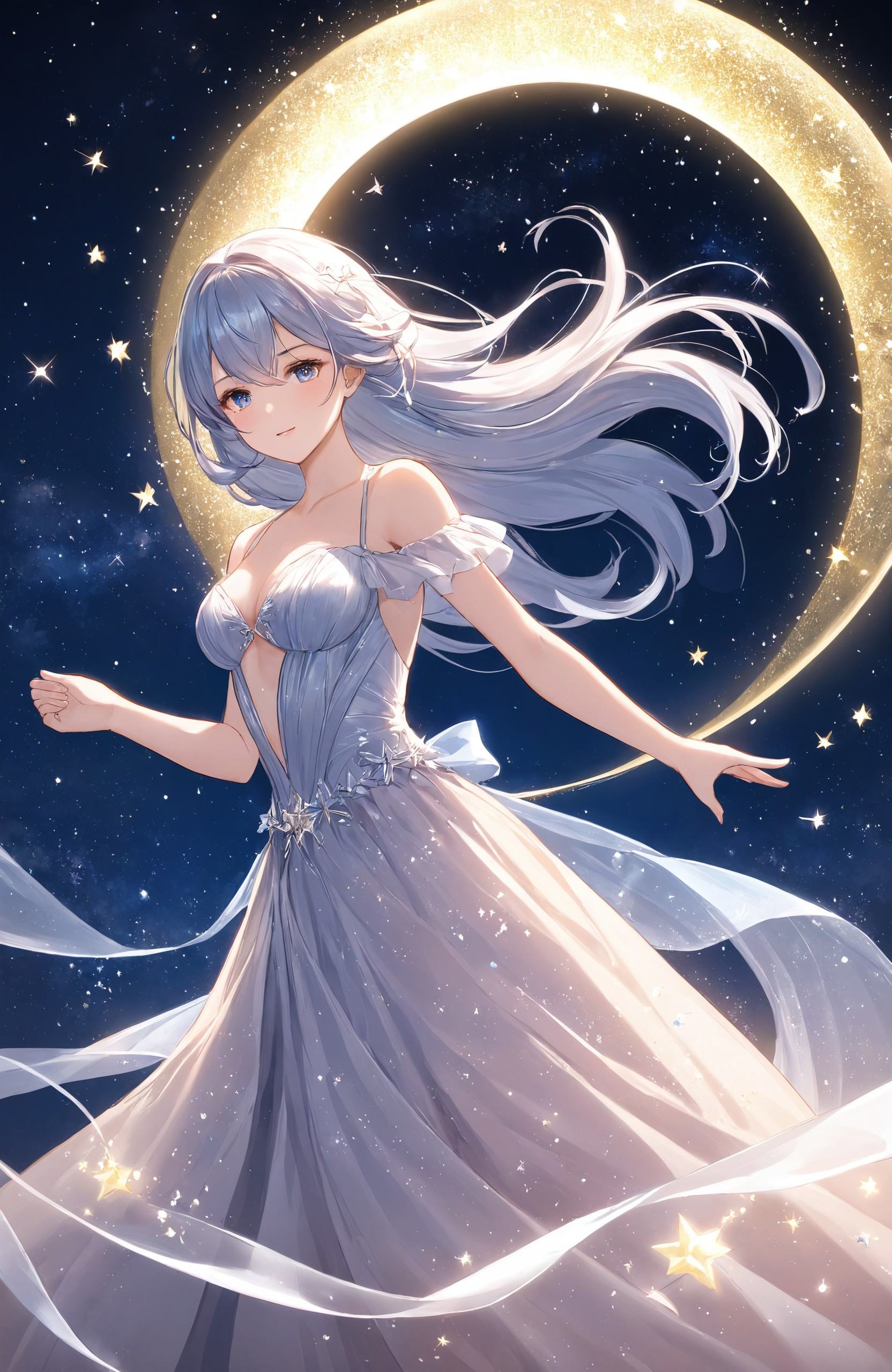 "Enchanting anime art style, depicting a celestial dancer adorned in a flowing gown that sparkles like the night sky. She is surrounded by delicate ribbons and glowing stars as she twirls gracefully in the dark. Her silver hair and ethereal dress catch the light, creating a mesmerizing contrast against the deep blue background filled with twinkling stars and soft moonlight."