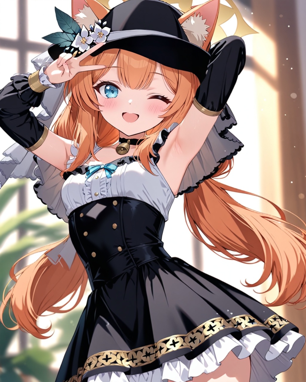 O,mari \(blue archive\),1girl,one eye closed,solo,hat,orange hair,twintails,long hair,animal ear fluff,blush,looking at viewer,smile,open mouth,frills,dress,v,sleeveless,hairband,low twintails,bangs,double v,armpits,black hairband,wrist cuffs,arms up,d,black dress,black headwear,choker,breasts,small breasts,blurry,black skirt,skirt,frilled dress,sleeveless dress,alternate costume,blurry background,bell,(UHD),anatomically correct,accurate,textured skin,super detail,high details,award winning,best quality,high quality,retinal,HD,16k,1080P,