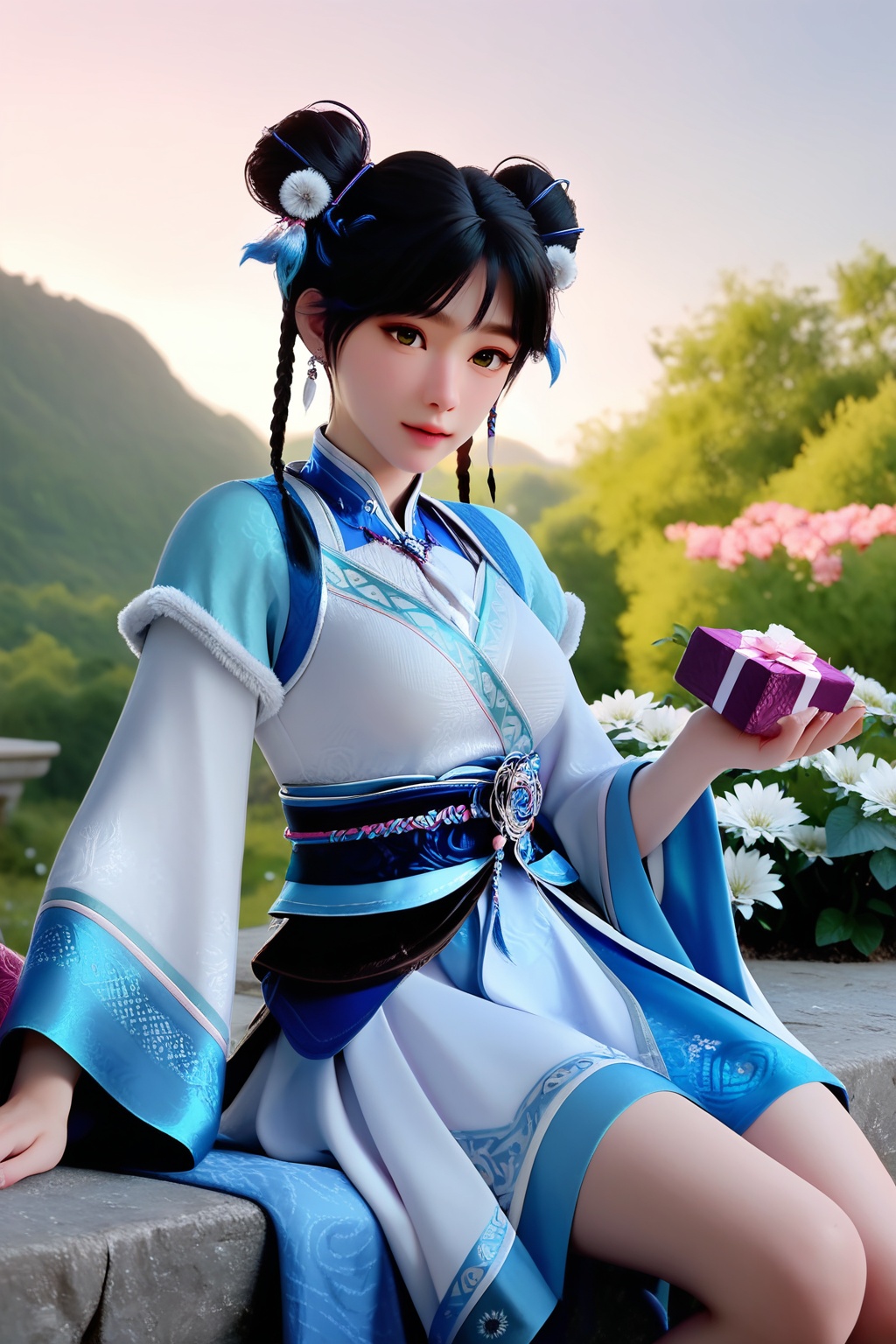 (Resting on a velvet cushion, she holds a delicate music box, her fingers tracing the intricate patterns:1.2),looking at viewer,<lora:XL16神国之上宁小龄:0.85>,preteen girl,white dress,blue bolero,black hair,braid,double bun,hair ornament,jewelry,sash,necklace,(large breasts:1.2),tree,flower,pink_flower,water,stone,flowers_Surrounded,pondel,, score_9,score_8_up,score_7_up,score_6_up,score_5_up,score_4_up,3d rendering,tag1,tag2, Cinematic Lighting,backlighting,