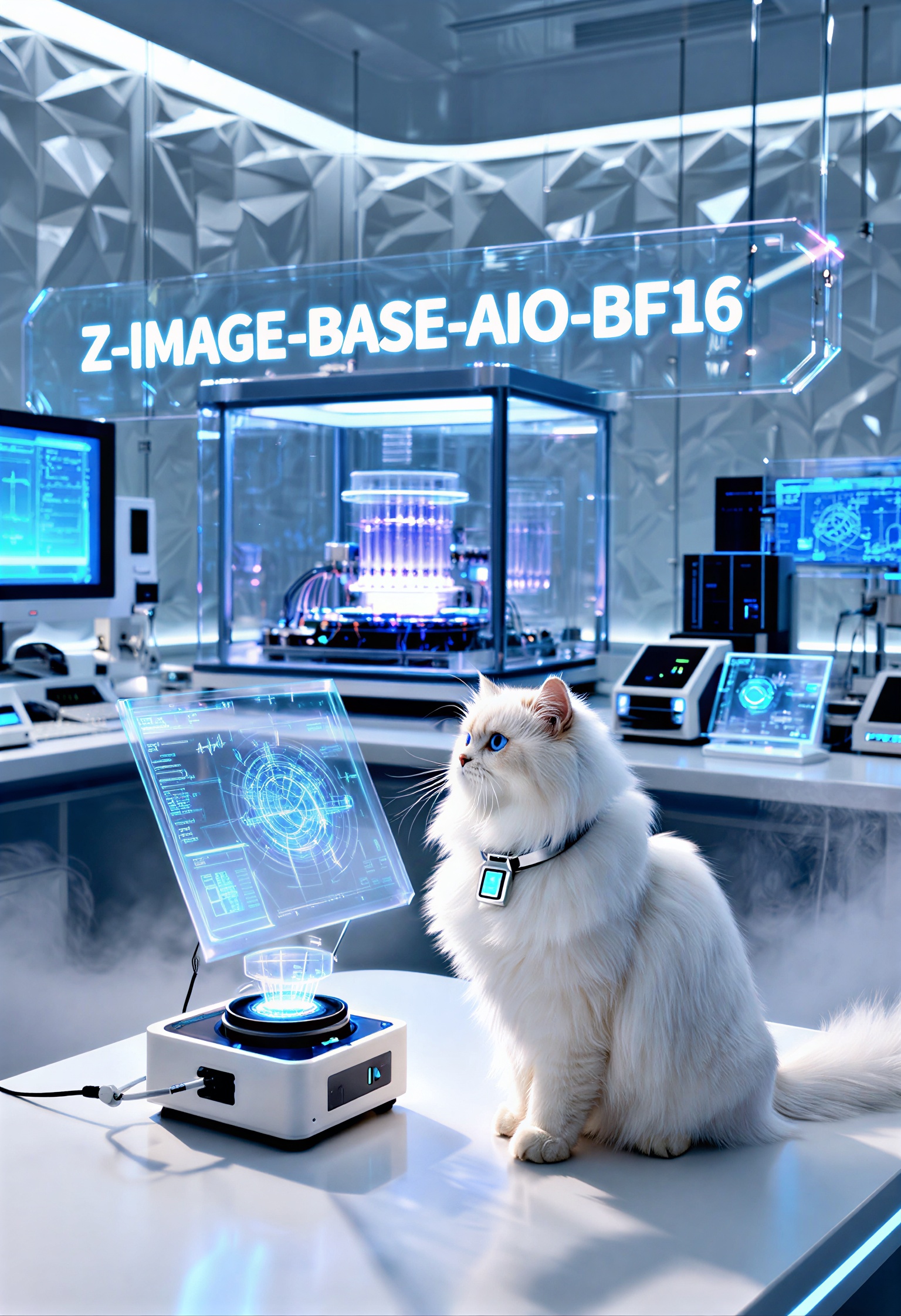 Cutting-edge quantum computing research laboratory with pristine white surfaces and premium materials. Centerpiece quantum...