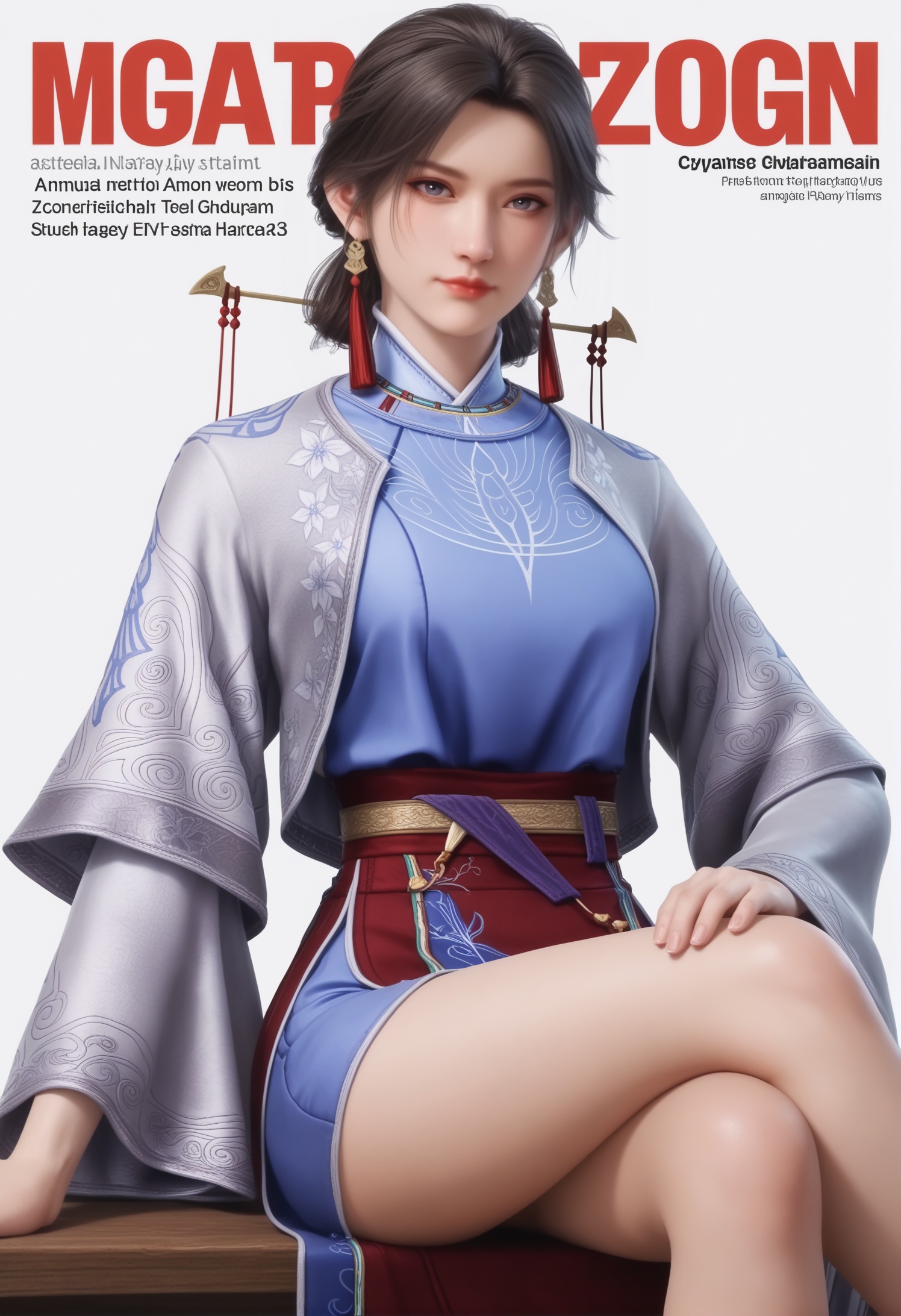 score_9,score_8_up,score_7_up,1girl,solo,realistic,(looking at viewer:1.1),sitting,(crossed_legs:1.3),1girl,solo,realistic,dress,blue dress,red skirt,china dress,hanfu,embroidery,tassel,tassel hair ornament,wide sleeves,long sleeves,chinese clothes,long skirt,floral print,belt,1girl,solo,realistic,jewelry,hair stick,hairpin,hair ornament,red ribbon,earrings,tassel earrings,necklace,1girl,solo,realistic,(mature face:1.3),big eye,(pale_skin:1.1),shiny_skin,(slender face:1.1),short hair,brown hair,black hair,parted bangs,hair bun,black eyes,closed mouth,realistic,(white background:1.4),(solid background:1.3),(advertising cover:1.2),magazine_cover,advertising background,(white chair:0.8),<lora:小巳-锦娘:0.85>,