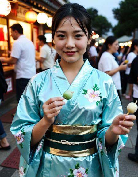 1girl,(asian girl face:1.1),(:.5),(iran girl face:1.1),(slim face:.9),(pretty girl:1.3),(greek nose:0.1),(tsurime,slant eyes:1.1),(Slanted eyes:.7),(troubled eyebrows,Downward-slanting eyebrows,Drooping eyebrows:1.1),(thin eyebrows,light eyebrows,short eyebrows,light makeup,natural look:0.7),(parted lips,(perfect upper teeth,datailed upper teeth:1.1),(worst quality upper teeth:-1.5):1.3),(smile:1.1),(half-closed eyes, = =:1.2),(night:1.3),crowd,shrine,eating (small sanshoku dango,glutinous soft and chewy texture sphere-shaped round 3dango on wooden skewer),kimono,floral print, japanese clothes,obi,japanese festival,nihongami, costume,outdoors,detailed background,dynamic action pose,(cowboy shot:1.2),(dynamic angle),(from above angle:.7),HDR photography,depth of field, realistic, photorealistic,(avoiding harsh bright,ultra-realistic skin texture:1.3),(moisten skin,dampened skin,glossy skin,glossy skin face,oiled skin,oiled skin face,glistening skin:1.5),(waist view,waist up shot),high quality,highres,8k, <lora:dmd2 4 steps fix:1>,(cinematic lighting,subtle highlights:0.3),(sunset:1.1),( eyebrows:-0.1),