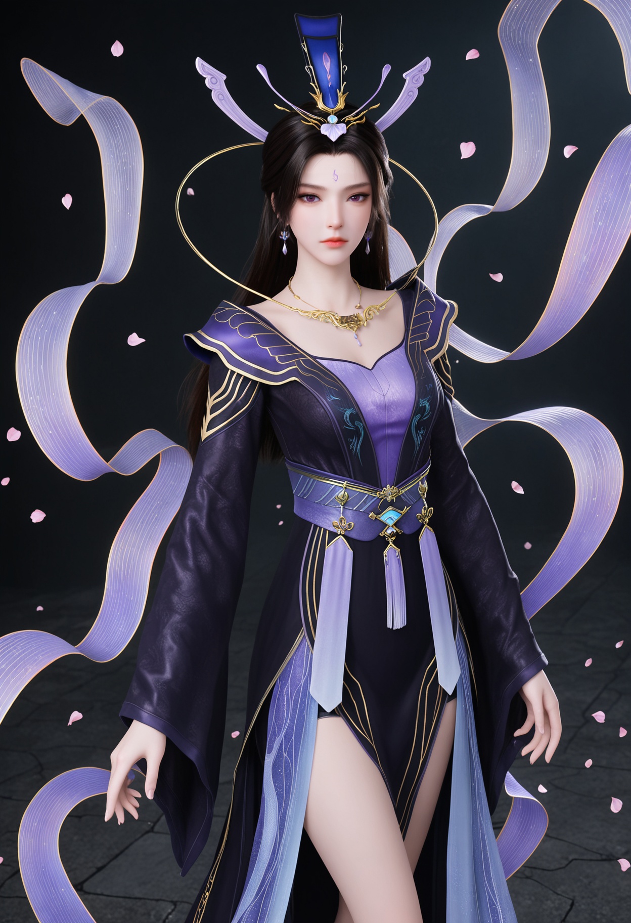 (upper_body:1.2),(looking at viewer:1.1),masterpiece,(best quality),smog,Dark room,dim lighting,peach blossom,falling petals,<lora:YQ_Illustrious光辉v5_紫霞_V1:0.8>,q1528437228,1girl,solo,black hair,long hair,jewelry,hair ornament,dress,earrings,necklace,Celestial streamers,Flowing streamer,Silk streamer,Trailing ribbon,ribbons,long sleeves,forehead mark,sash,chinese clothes,wide sleeves,purple dress,brown hair,shawl,hat,black footwear,black dress,purple eyes,floating,obi,hagoromo,bare legs,brown eyes,hair bun,side slit,