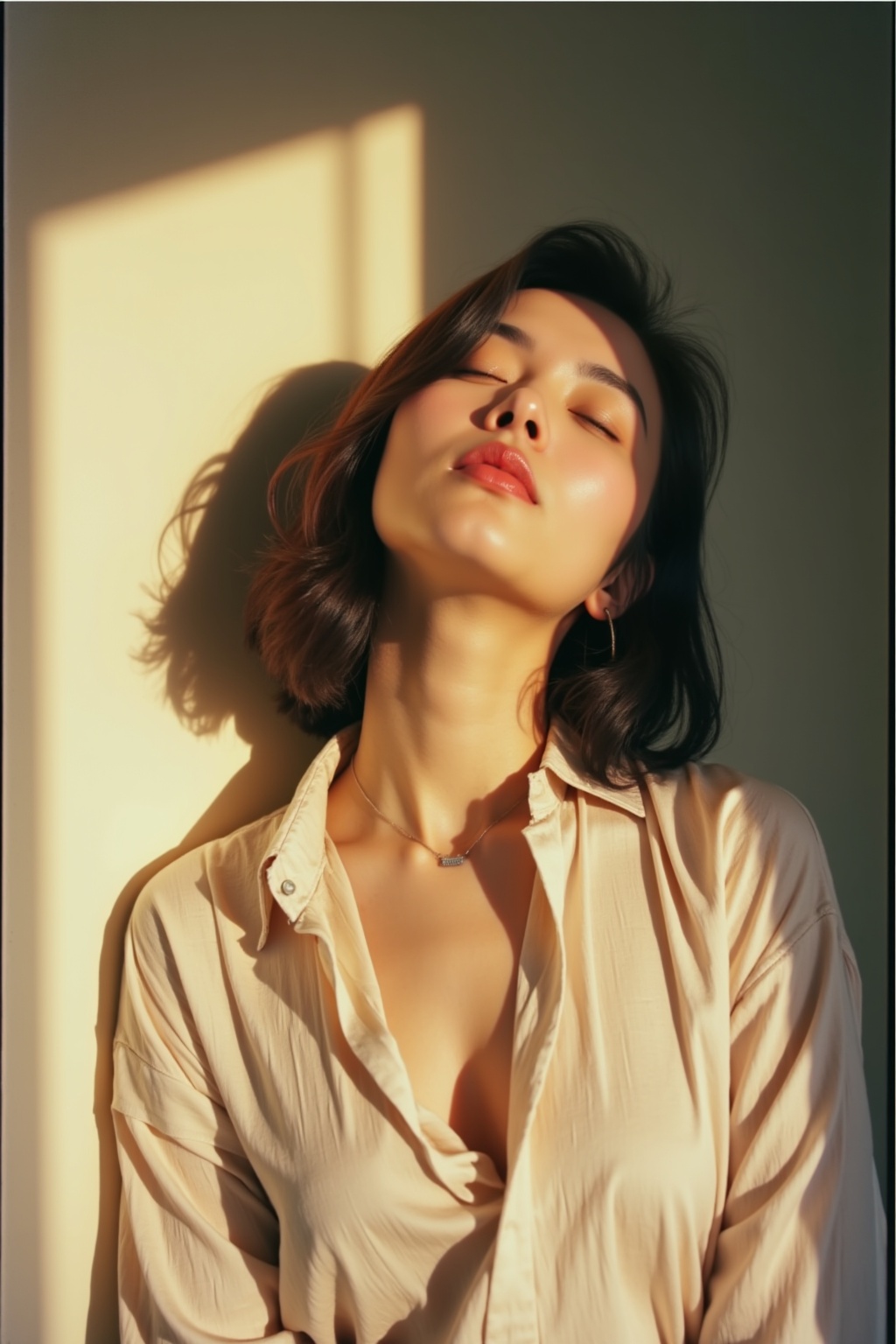A woman old polaroid picture,awj,polaroid portrait photography,xuanwo,dtmh,neomj,The image depicts a young woman bathed in warm,natural light that casts a dynamic shadow on the wall beside her. Her expression is serene,with her eyes closed and head tilted slightly upwards,as if soaking in the sun's rays. The woman's hair is tousled and flows around her face and shoulders,suggesting a sense of movement or a gentle breeze in the room. She wears a loose,unbuttoned white shirt that contributes to the relaxed and informal feeling of the portrait. The soft lighting highlights her facial features and creates a contrast with the shadowed portions,which adds depth and a sculptural quality to the image. The overall effect is one of peaceful contemplation or a moment captured in solitude.,