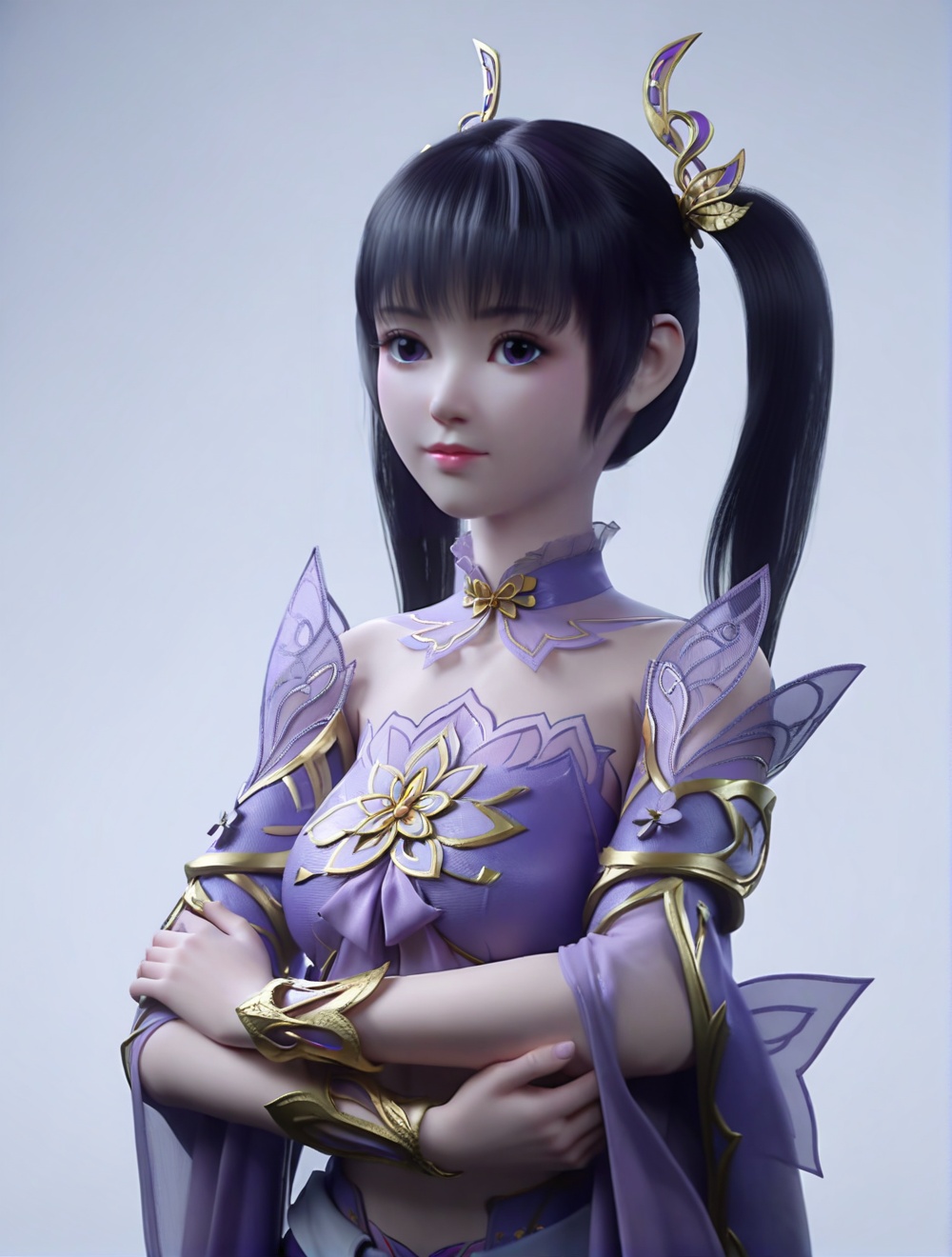 fair_skin,white_skin,Ivory_skin,score_9,<lora:SF_ZiYan_Pony_Realism-000004:0.7>,purple dress,hair ornament,black hair,twintails,1girl,breasts,large breasts,standing,solo,looking at viewer,simple background,upper body,