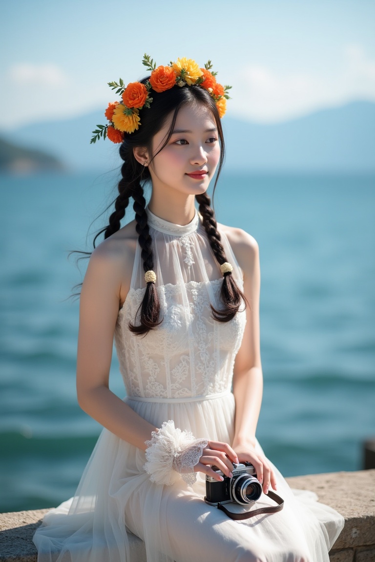 A young Asian woman with fair skin and loose braids of dark wavy hair. She was wearing a white sleeveless dress made of textured chiffon or sheer stiff yarn, giving a delicate and ethereal feeling. This dress has a high neckline and is decorated with a floral headpiece made of bright orange and yellow flowers, which contrasts sharply with her pale skin and dark hair. She was holding an old-fashioned camera in her hand, with a strap tied around her wrist and a delicate white lace glove on top. Her expression was soft and gentle, with a faint smile on her lips. She sat on a stone frame with a peaceful body of water in the background, possibly a lake or ocean. The water is deep blue, reflecting sunlight, and the distant horizon shows mountains under a clear blue sky. The overall atmosphere of the picture is peaceful and romantic, capturing moments of quiet contemplation by the water's edge. The composition and lighting emphasize the natural beauty of the subject and surrounding environment, creating a harmonious and picturesque scene.,<lora:S-T-唯美古风_S1.5:0.5>