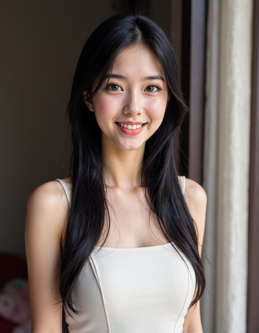 film grain, 1girl, solo, realistic, black hair, looking at viewer, dress, long hair, smile, white dress, brown eyes, photorealistic, upper body, lips, sleeveless, breasts