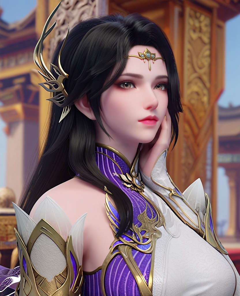 (oriental architecture, elegant decor, sophisticated style:1.1),(hands on cheek:1.1),looking at viewer,(breasts:1.2),<lora:XL斗破苍穹玄衣:0.95>,miss xuanyi,white paired with purple dress,buff eyes,hair ornament,black hair,long hair,detached sleeves,shawl‌‌,, score_9,score_8_up,score_7_up,score_6_up,score_5_up,score_4_up,3d rendering,tag1,tag2, Cinematic Lighting,backlighting,
