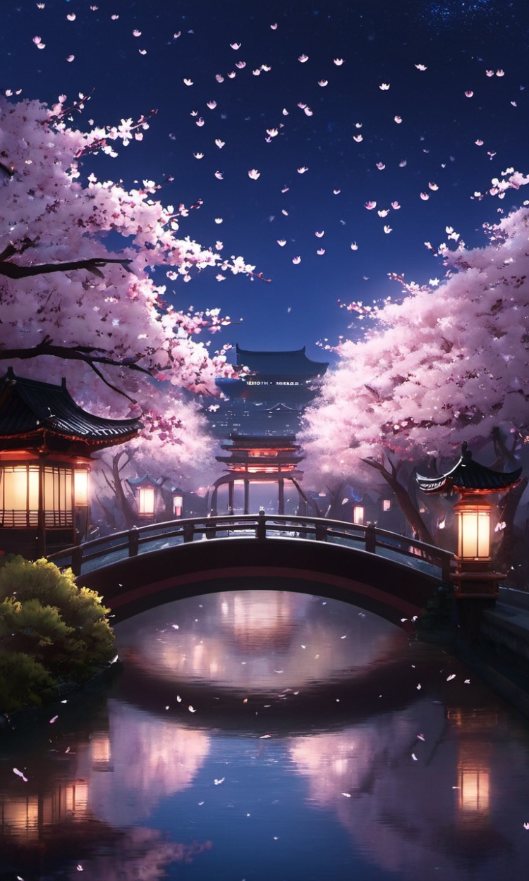 Arien view, view was a beautiful night with cherry blossoms blooming around. There was no humans in sight, as the night was clear and. The scenery was of East Asian architecture, with bridges and buildings surrounded by water. petals of the cherry blossoms grew out of the trees, adding to the natural beauty of the scene. In the distance, fireflies \u95ea\u70c1\u7740\uff0c adding a touch of magic to the night.