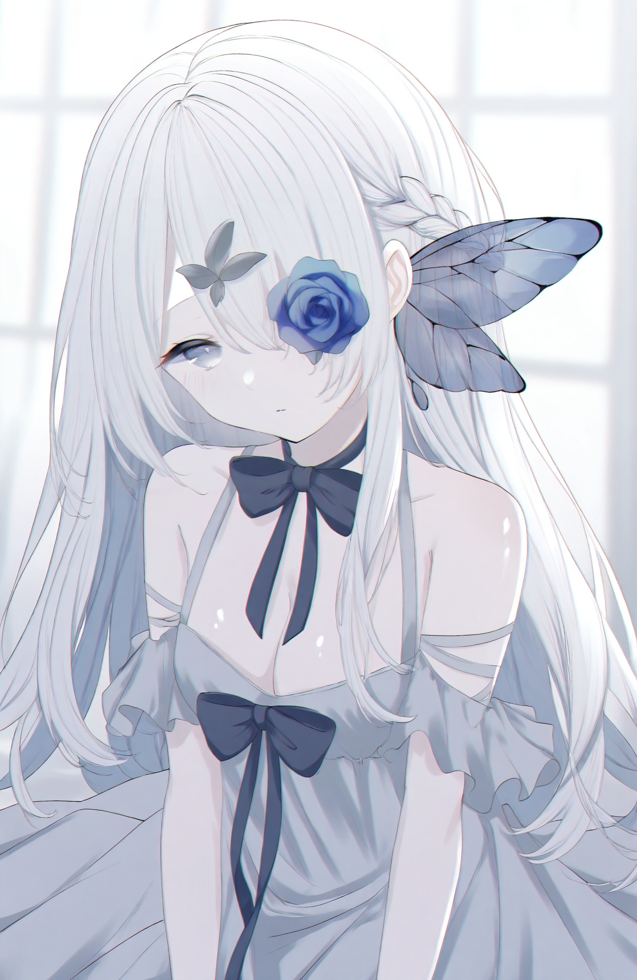 masterpiece,highres,absurdres,newest,best quality,loli,petite,high quality,chromatic_aberration,shiny_skin,//,1girl,flower_over_eye,white_hair,solo,flower,long_hair,grey_eyes,wings,blue_flower,braid,hair_ornament,rose,dress,bow,insect_wings,blue_rose,bare_shoulders,black_bow,grey_dress,one_eye_covered,wing_hair_ornament,butterfly_wings//,medium breasts,bouncing breasts,cleavage,bare shoulders,//,<lora:aestivation——【CKXL】hans:0.8>,