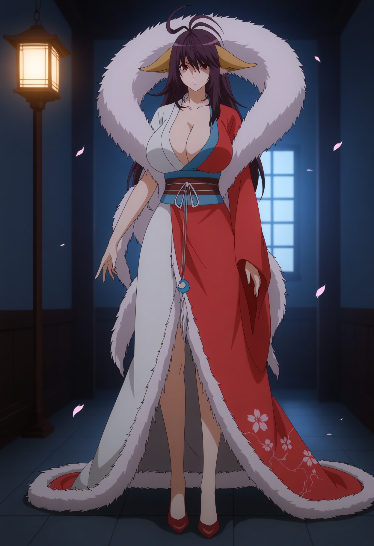 (full_body:1.1),(gigantic breasts:0.7),(slender:1.3),(looking_at_viewer:1.1),(masterpiece:1.1),(best quality:1.2),(intricate details),(smog:1.3),(Dark room:1.3),(dim lighting:1.3),peach blossom,falling petals,<lora:YQ_Illustrious光辉二次元国漫V1_tushanyaya_hongyi_V1:0.8>,q1528437228,1girl,solo,long hair,animal ears,chinese clothes,dress,red dress,purple hair,sash,antenna hair,black hair,fox ears,obi,red eyes,brown hair,fur trim,long sleeves,fur-trimmed cape,feather boa,ahoge,high heels,hair over eyes,hat,red footwear,asymmetrical clothes,masterpiece,(best quality),(intricate details:0.9) BREAK (intricate details:0.9),(realistic skin:1.2),masterpiece,best quality,newest,absurdres,hiahres,