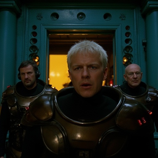Three people are standing in front of a teal-colored doorframe. The person in the center is a man with white hair,  her mo...