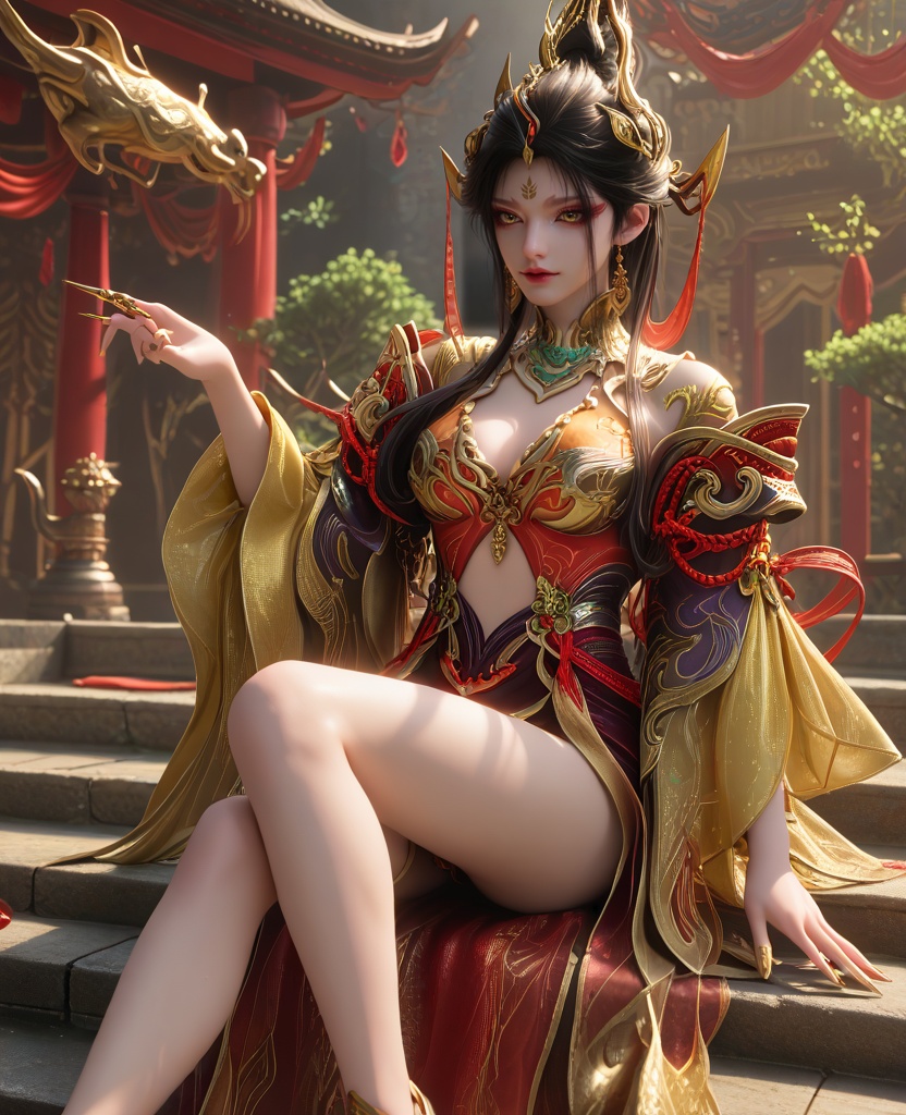 (oriental architecture, elegant decor, sophisticated style:1.1),(Sitting on a staircase with legs stretched out, taking a moment to rest,:1.1),(breasts:1.2),<lora:永劫无间南宫锦五丰太岁:0.95>,miss nangongjin,orange red corset dress with plum,yellow eyes,eyeshadow,forehead mark,black hair,traditional chinese updo with long front strands,hair ornament,earrings,jewelry,claw ring,wide flowing sleeves,cleavage,, score_9,score_8_up,score_7_up,score_6_up,score_5_up,score_4_up,3d rendering,tag1,tag2, Cinematic Lighting,backlighting,