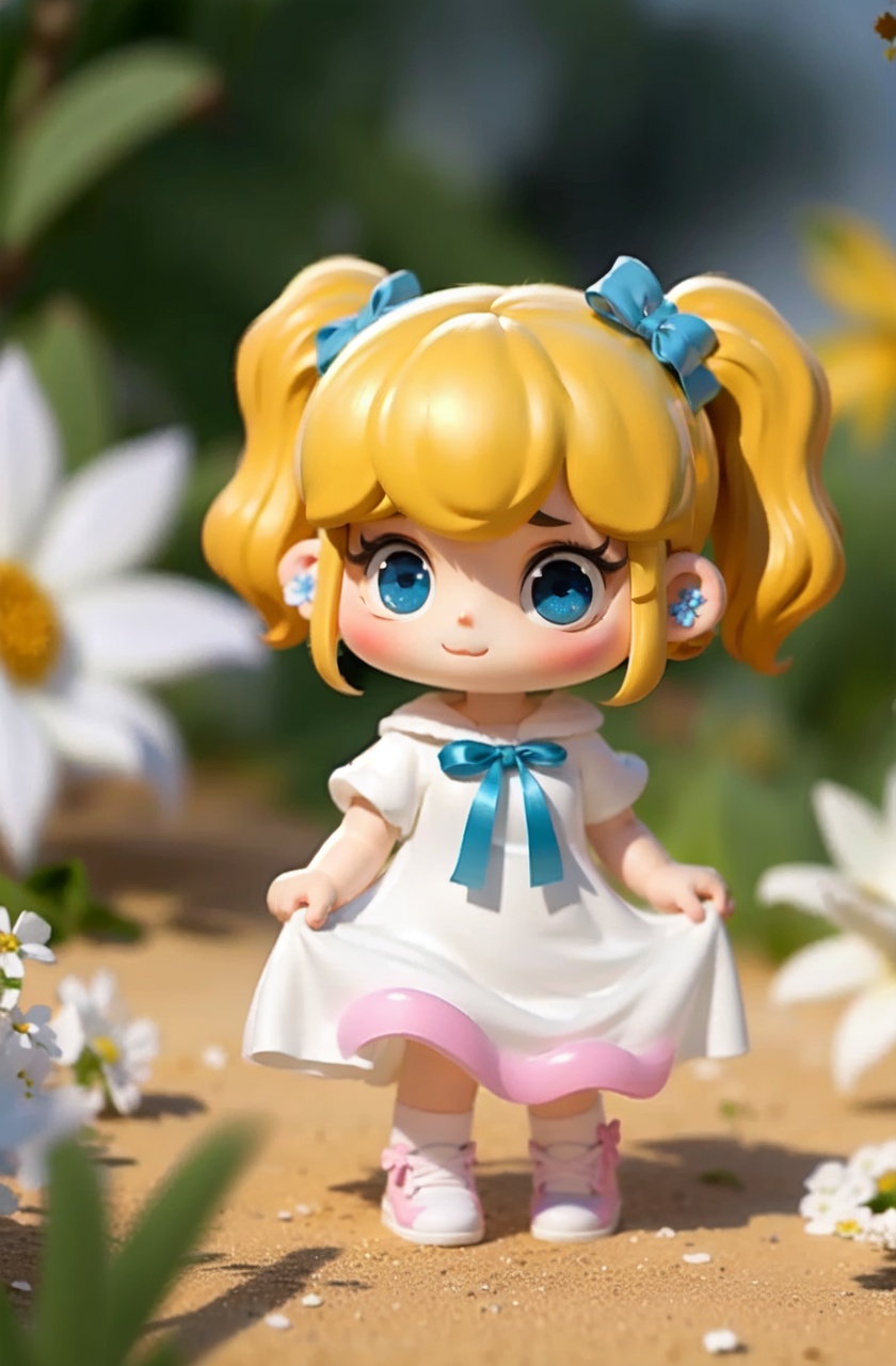masterpiece,best quality,absurdres,1girl,solo,white flower,blue eyes,twintails,blonde hair,skirt hold,blurry background,hair bow,white dress,outdoors,earrings,personification,standing,chibi,