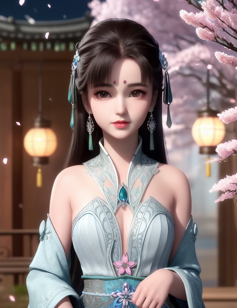 ultra realistic 8k cg, picture-perfect face, flawless, clean, masterpiece, professional artwork, famous artwork, cinematic lighting, cinematic bloom, perfect face, beautiful face, fantasy, dreamlike, unreal, science fiction,  beautiful clothes, lace, lace trim, lace-trimmed legwear,  (rich:1.4), prestige, luxury, jewelry, diamond, gold, pearl, gem, sapphire, ruby, emerald, intricate detail, delicate pattern, charming, alluring, seductive, erotic, enchanting, hair ornament, necklace, earrings, bracelet, armlet,halo((,1girl, ,))(((,teenage,full moon,lantern, cherry blossoms, 1girl, tree, spring_\(season\), solo, black_hair,chinese clothes,looking at viewer, upper body, ))) <lora:DA_LanLingEr:0.6>