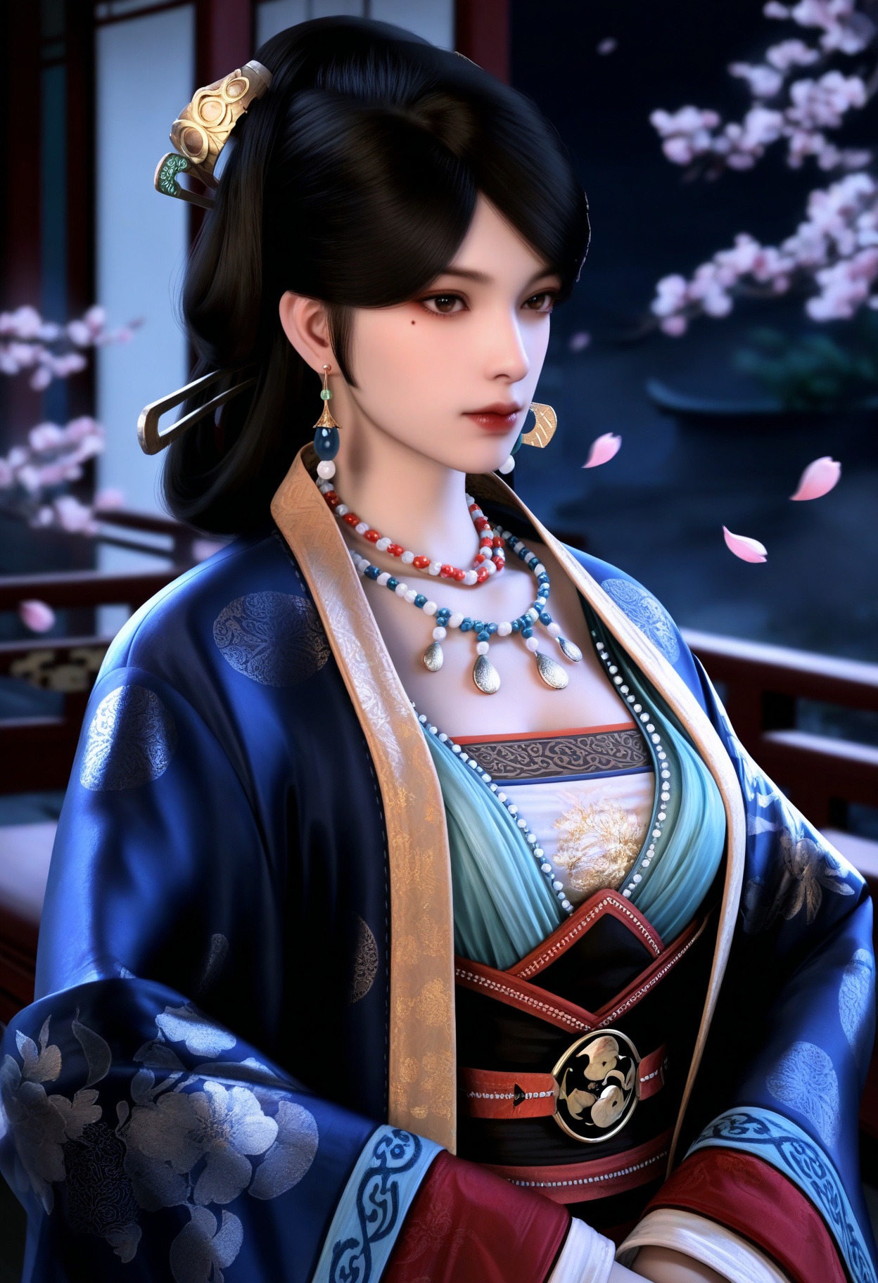 masterpiece,best quality,amazing quality,very aesthetic,high resolution,ultra-detailed,absurdres,scenery,photorealistic,(looking at viewer:1.1),upper body,(Dark room:1.3),(moody lighting:1.1),peach blossom,falling petals,(large breasts:0.8),wenluoyu,1girl,solo,black hair,long hair,hair ornament,jewelry,earrings,chinese clothes,necklace,realistic,brown eyes,lips,mole under eye,hanfu,long sleeves,closed mouth,wide sleeves,red lips,pearl necklace BREAK photorealistic details,<lora:QQSillwenluoyuV1:0.8>,