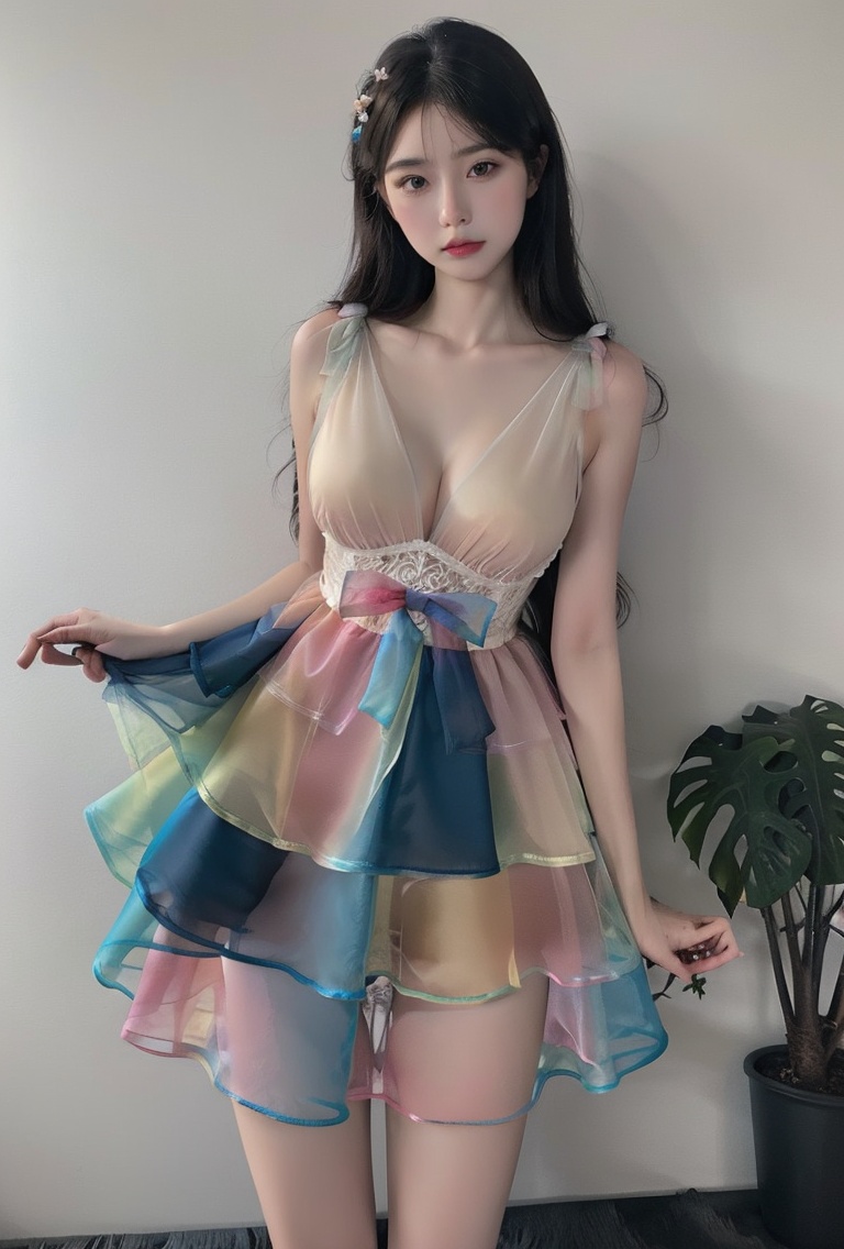 (masterpiece, best quality:1.4),finely detailed,1girl,solo,pale skin,perfect body,standing,bow,dress,panties,see-through,underwear,(white background wall),<lora:killer性感透视柔纱彩虹连衣裙v1.0-000008:0.8>,(cowboy_shot:1.2),(large breasts:1.2),