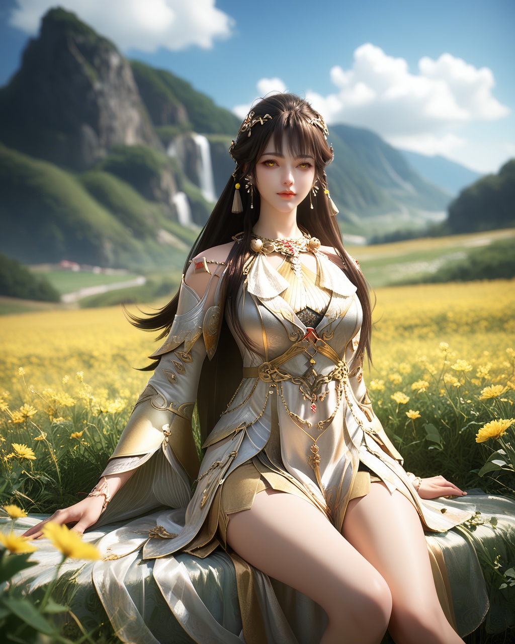 <lora:wy_baiyuerong_XL5.0:0.8>,1girl,solo,long hair,breast,medium breast,earrings,hair_ornament,dress,black hair,brown hair,yellow eyes,bare_legs,thick_thighs,bed,in spring,day,sky,rainbow,field,cirrus,, score_9,score_8_up,score_7_up,score_6_up,score_5_up,score_4_up,