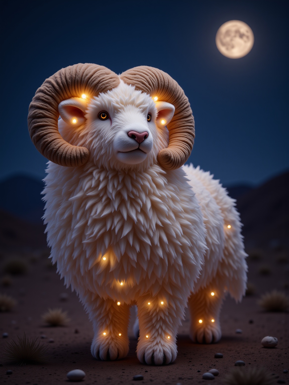 YY_plush,Plush wool,Plush,soft edge,plush,3D,real,expansion,soft gradient colors,studio lighting,light reflection,(masterpiece:1.2),exquisite,high resolution,perfectillumination,(Extreme detail cG:1.2),best quality,8K,Long wool material, wool is very long- in the center of a barren landscape, a magnificent Taurus constellation stands tall. Its intricate features are illuminated by the soft glow of the moonlight, as if it's alive and breathing. The head is made up of three distinct shapes<lora:YY-毛绒F.1:1>,
