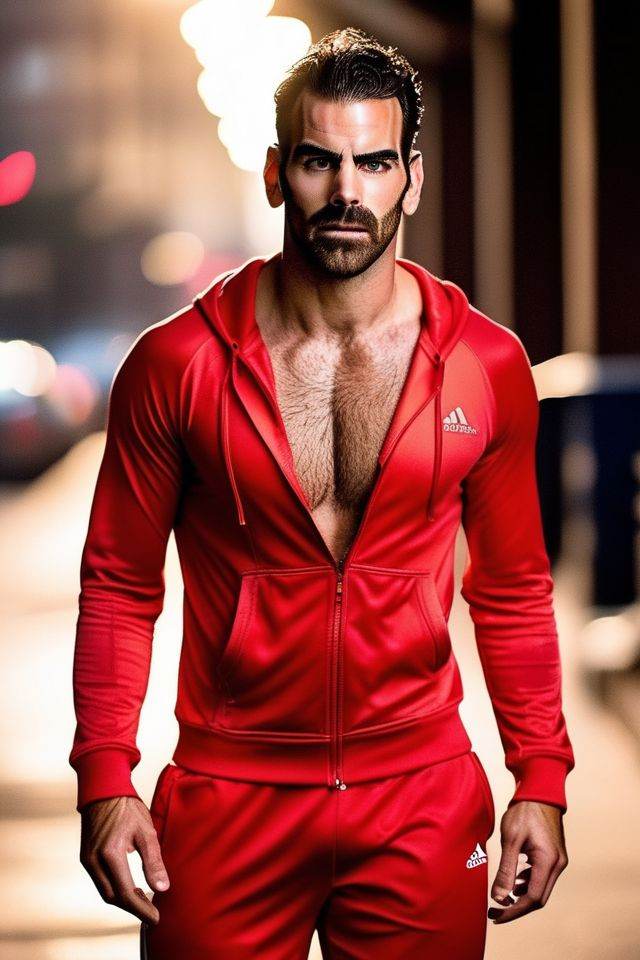 Sacha Baron Cohen a man ,  realistic photo in a worn ((skin-revealing skimpy erotic red tracksuit,  massive hairy pecs)) o...