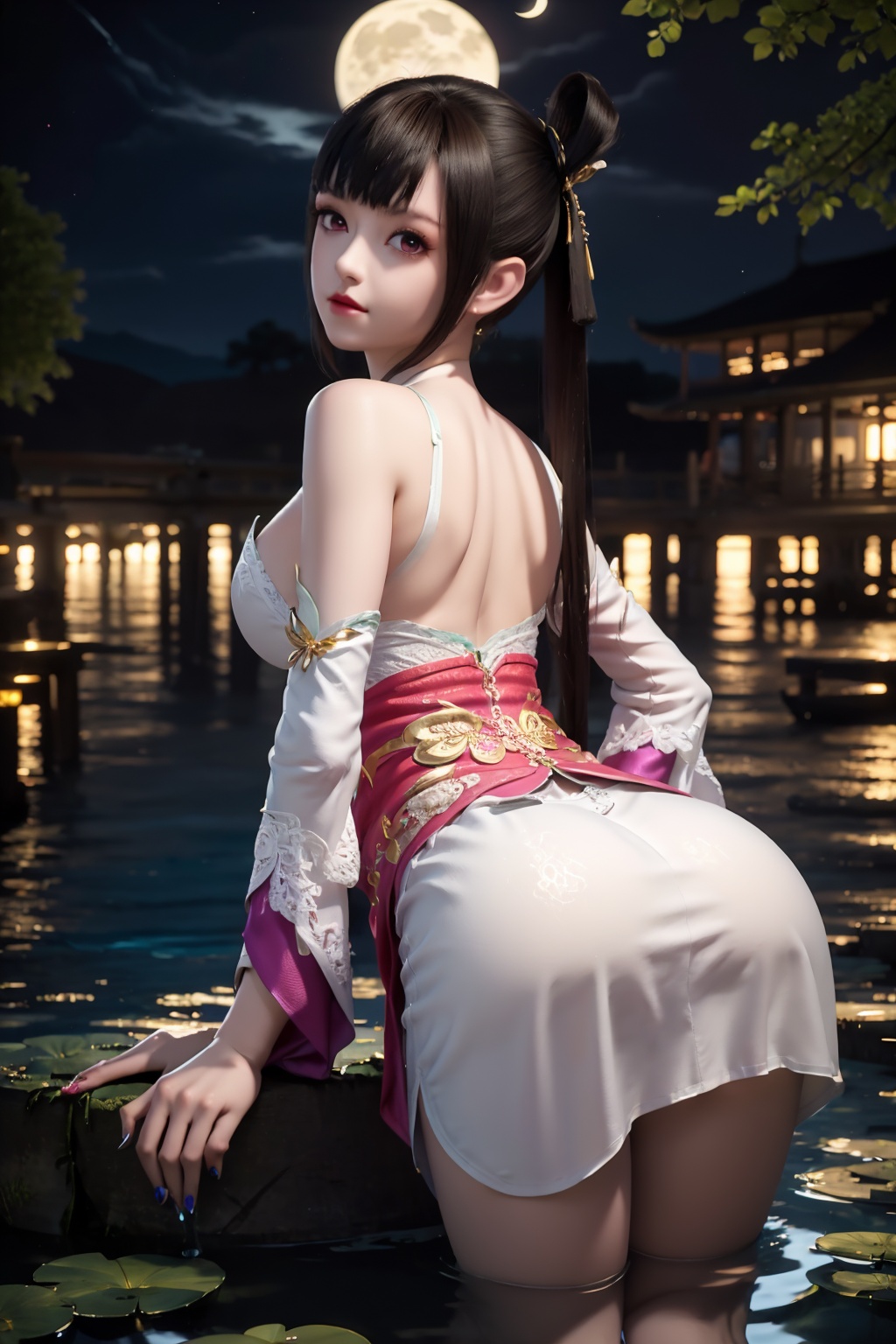standing,dress,chinese clothes,flower,full_moon,moon,night,lily_pad,lotus,moonlight,nipples,water,night_sky,lily_\(flower\),sky,partially_submerged,1girl,solo,hair ornament,long hair,realistic,nail polish,photo_\(medium\),(large breasts,cleavage),makeup,(8k, RAW photo, best quality, masterpiece:1.2),(realistic, photorealistic:1.3),ultra-detailed,extremely detailed cg 8k wallpaper,(crystalstexture skin:1.2),extremely delicate and beautiful,(sexy pose:1.2),ass,from behind,(looking back:1.5),bent over,hair ornament,