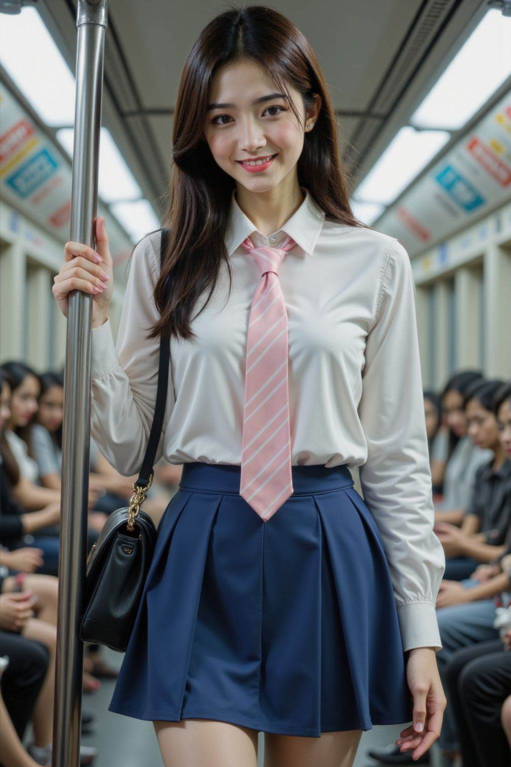 HDR photo of cinematic film still The image is a high-resolution photograph,A photograph of an girl with fair skin,standing on a subway train. She has straight black long hair,and wears a white blouse,pink and white striped tie,and a blue short pleated skirt. She was carrying a black shoulder bag,with a confident expression and a smile on her face. Other passengers are seated in the background. The subway car has metal poles and advertisements on the walls., . shallow depth of field, vignette, highly detailed, high budget, bokeh, cinemascope, moody, epic, gorgeous, film grain, grainy . High dynamic range, vivid, rich details, clear shadows and highlights, realistic, intense, enhanced contrast, highly detailed