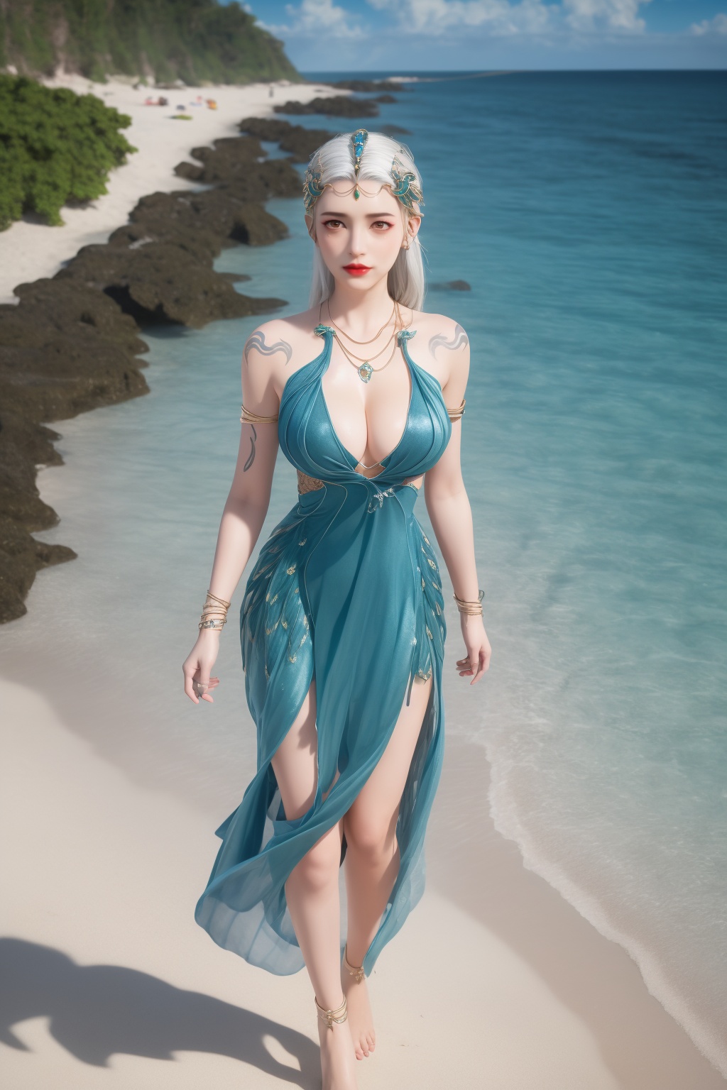 photo_\(medium\),(8k, RAW photo, best_quality),(masterpiece:1.2),(realistic:1.2),(photorealistic:1.3),(ultra-detailed),(extremely_detailed_cg_8k_wallpaper),(crystal_texture_skin:1.3),(shiny:1.2),(shiny_skin:1.4),(extremely_delicate_and_beautiful),shenfengQinYao,1girl,solo,blue dress,torogao,bouncing breasts,cleavage,armlet,tattoo,bracelet,standing,white hair,barefoot,anklet,jewelry,hair ornament,earrings,red lips,realistic,looking at viewer,summer,beach,sea,sunshine,<lora:shenfengQinYao_20240524201339-000004:0.7>,