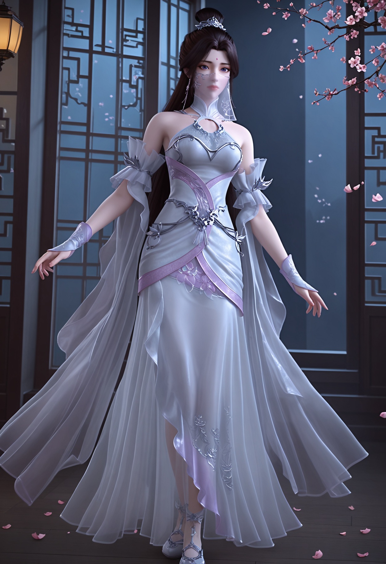 (standing full_body:1.1),(looking at viewer:1.1),masterpiece,(best quality),smog,Dark room,dim lighting,peach blossom,falling petals,<lora:YQ_Illustrious光辉v5_月婵2.0_V2:0.8>,q1528437228,1girl,solo,long hair,white dress,jewelry,earrings,forehead mark,black hair,brown hair,hair ornament,hair bun,mouth veil,detached sleeves,single hair bun,purple eyes,breasts,expressionless,shoes,see-through,