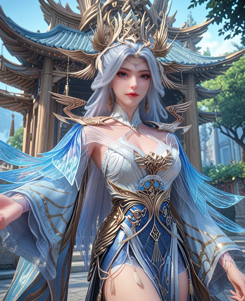 (oriental architecture, elegant decor, sophisticated style:1.1),(stretching:1.1),(breasts:1.2),<lora:XL百炼成神宁雨蝶spur:0.9>,miss ningyudie,silver paired with blue dress,sash,blue shawl sleeves,side slit,mole under right eye,forehead pendan,eyelashes,blue eyes,white hair,long hair,headdress,wide sleeves,hair bun,slender legs,jewelry,earrings,, zPDXL2, score_9, score_8_up, score_7_up BREAK realistic, masterpiece,best quality, highly detailed,, zPDXL3, zPDXL2,zPDXL, zPDXLxxx, zPDXLrl,