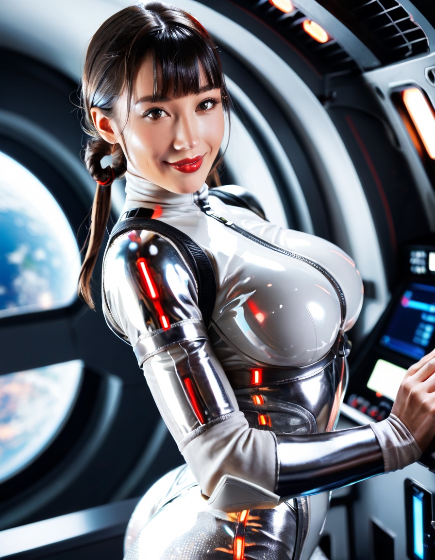 score_9,score_8_up,score_7_up,1girl,solo,best quality,highres,masterpiece,sexy_scifi,wearing sexy_scifi,silver space costume,(shiny clothes, metalic clothes, silver clothes:1.2),sexy space suit,large breasts,ultra detailed,aesthetic,detailed,seductive smile,red lips,blunt bangs,medium breasts,low hair rings,
