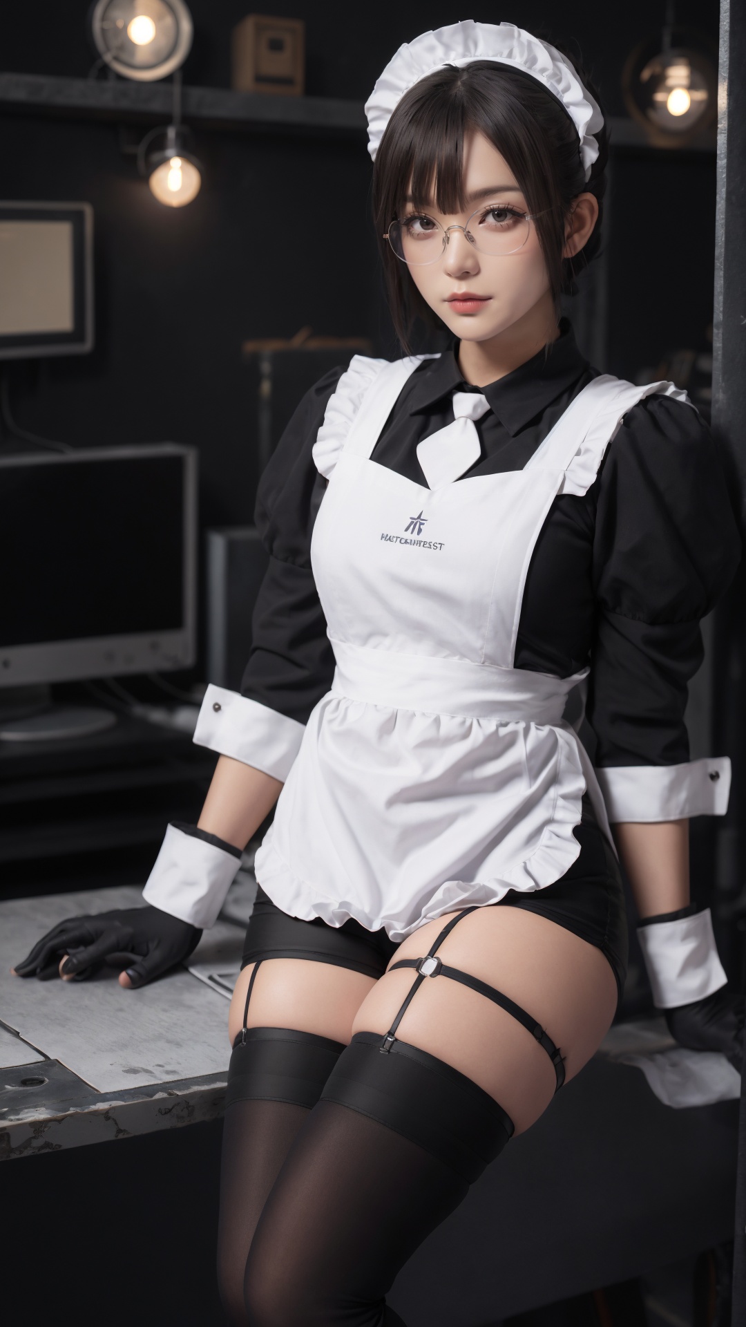 tutututu,apron,long sleeves,maid,maid apron,puffy sleeves,maid headdress,black shorts,black thighhighs,thigh strap,garter straps,<lora:tutututu_20240129122144-000005:0.65>,cinematic style,realistic,masterpiece,best quality,extremely detailed,absurdres resolution,High quality texture,Cinematic Lighting,1girl Sitting at the table fixing robots,robot dog,cute genius japanese school girl,glasses,protective gloves,in a A basement full of neo pipes,welding,precision instruments,complex circuit,vacuum tube punk,high heels,<lora:OC:0.15>,<lora:LowRA:0.3>,