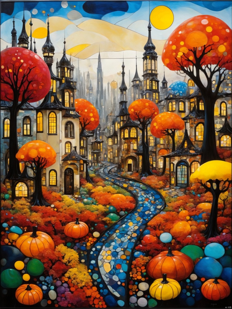 autumntime cityscape painting by Yayoi Kusama, in the style of colorful drawings, joe madureira, hans baldung, romantic graffiti, stained glass, multi-layered color fields<lora:EMS-343900-EMS:0.800000>