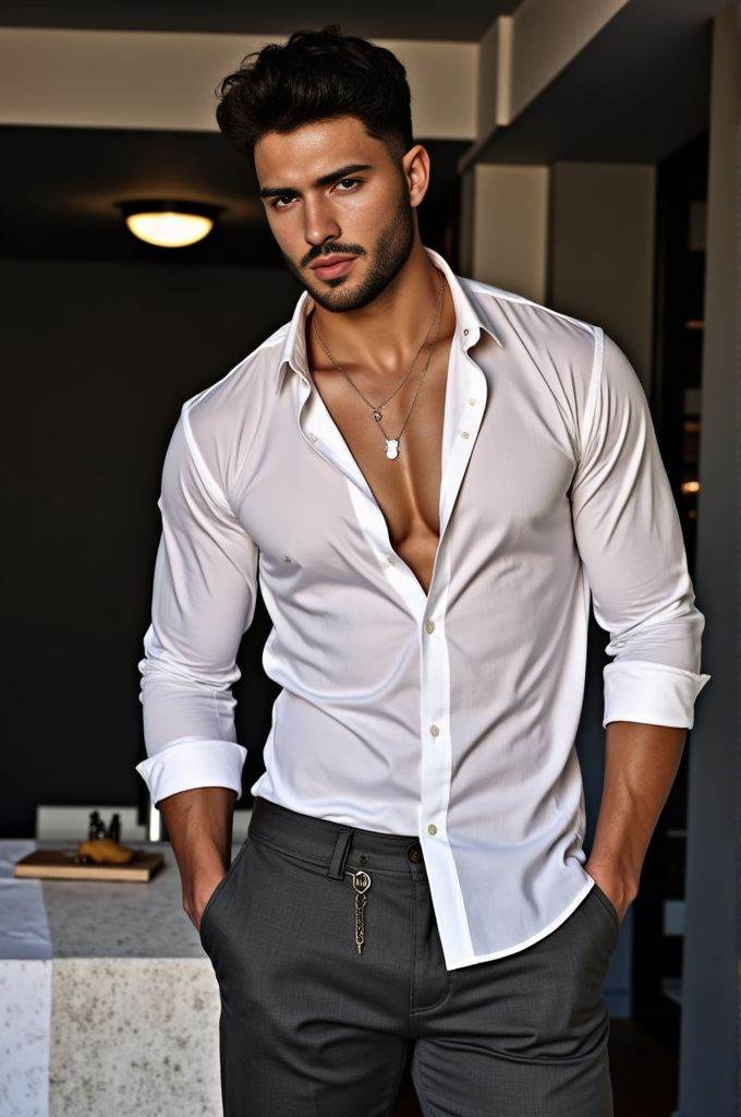 aaron owen ,  professional photoshoot picture,  wearing unbuttoned white shirt on Tensor.Art