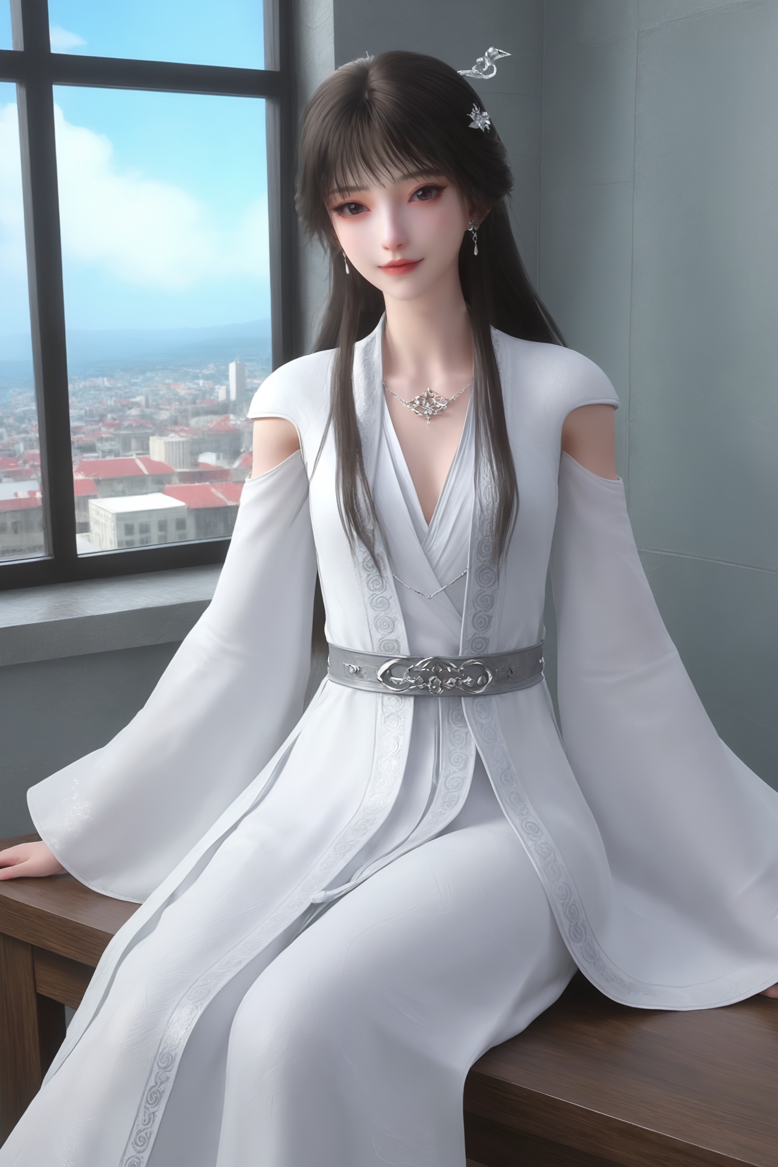 1girl,solo,sitting,window,frills,sky,cloud,indoors,cityscape,closed_mouth,sun,looking at viewer,<lora:新神墓-雨馨Pony:0.7>,1girl,long,straight black hair,silver hairpin,flowing,ethereal white robe with intricate,silver embroidery,V-neck,silver belt,long sleeves,high,white boots,