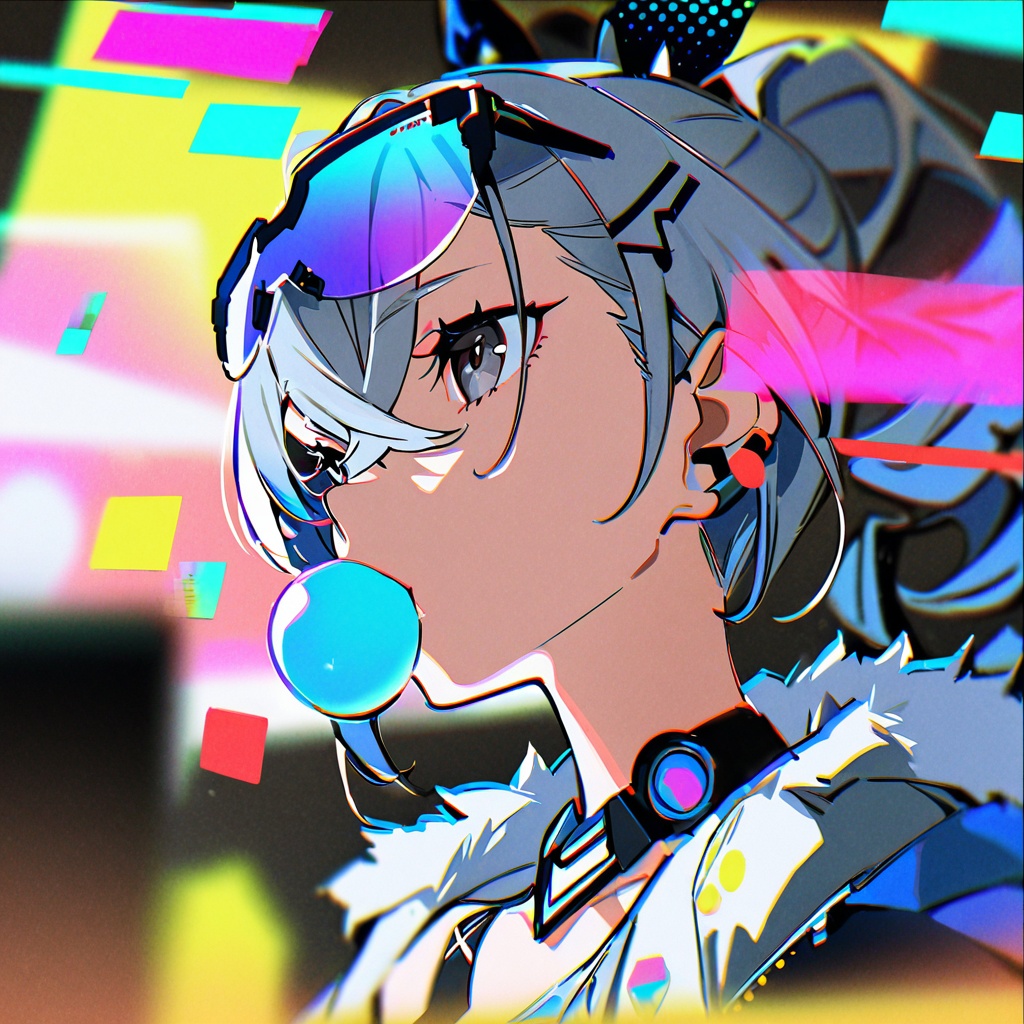 masterpiece, best quality,<lora:yoneyama-a31:1>,yoneyama mai, hair ornament, chewing gum, bubble blowing,1girl, solo,silver wolf \(honkai: star rail\), honkai: star rail,grey hair, sunglasses, portrait,blurry, chromatic aberration, colorful, holographic interface, drone, 