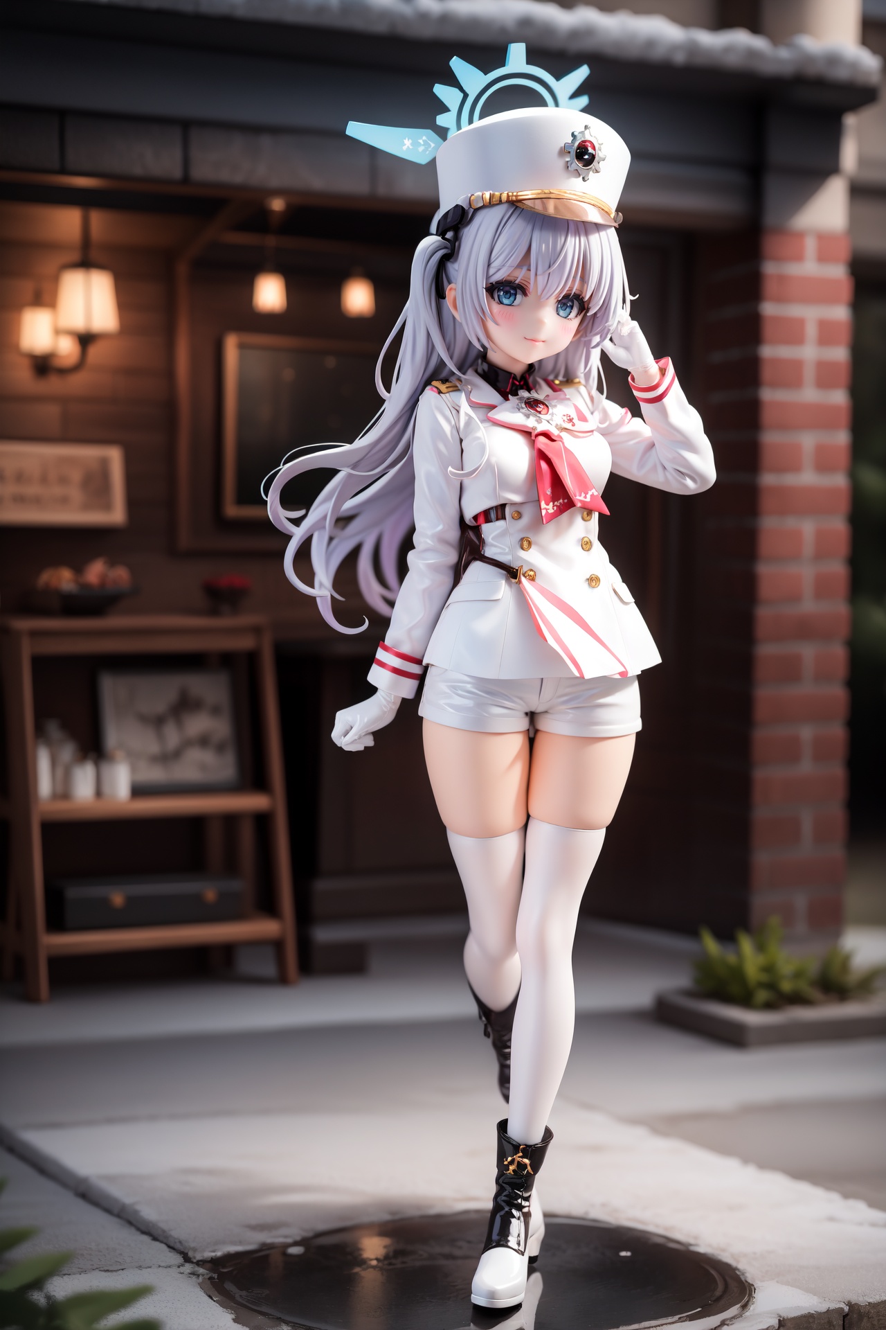 pvc style,(masterpiece:1.3), (absurdres:1.3), (best quality:1.3), (ultra-detailed:1.3), 1girl, looking at viewer, full body, smile, outdoors, cherino-fi, halo, shako cap, white jacket, white coat, uniform, white gloves, white shorts, black pantyhose, fur-trimmed shoes, fur-trimmed boots,(figma:0.6),full body,  <lora:cherino-fi-000009:0.8>