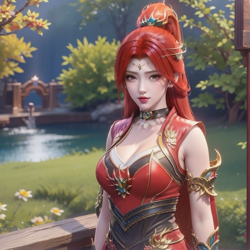 <lora:斗破苍穹-唐火儿:1>red hair,  (,1girl, ,best quality, ),looking at viewer,  ,ultra detailed background,ultra detailed background,ultra realistic 8k cg,, ,masterpiece, (( , )),, , , spirit blossom \(league of legends\),   ,   (cleavage), (), ,,