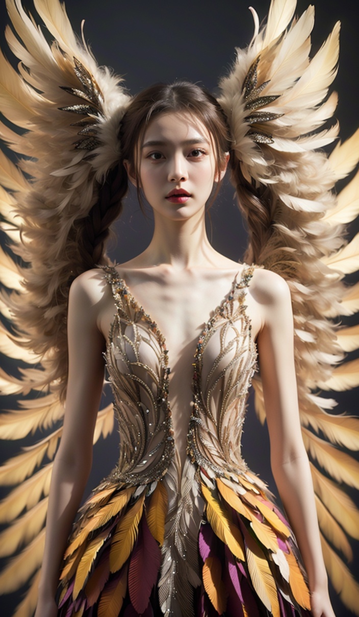 Horror-themed Abstract style,otherworldly being with luminous ethereal wings,radiating an aura of tranquility and grace,body adorned with intricate patterns and delicate lines,evoking a sense of harmony amidst chaos,high detail,award winning masterpiece with incredible details,non-representational,colors and shapes,expression of feelings,imaginative,highly detailed,eerie,unsettling,dark,spooky,suspenseful,grim,highly detailed,1girl,md symmetrical,solo,(red wing:1.2),(blue wing:1.2),night,moon,crystal evening dress,colorful,masterpiece,best quality,ultra-detailed,<lora:sylvia絮儿L羽毛服装翅膀_V1.0:0.8>,